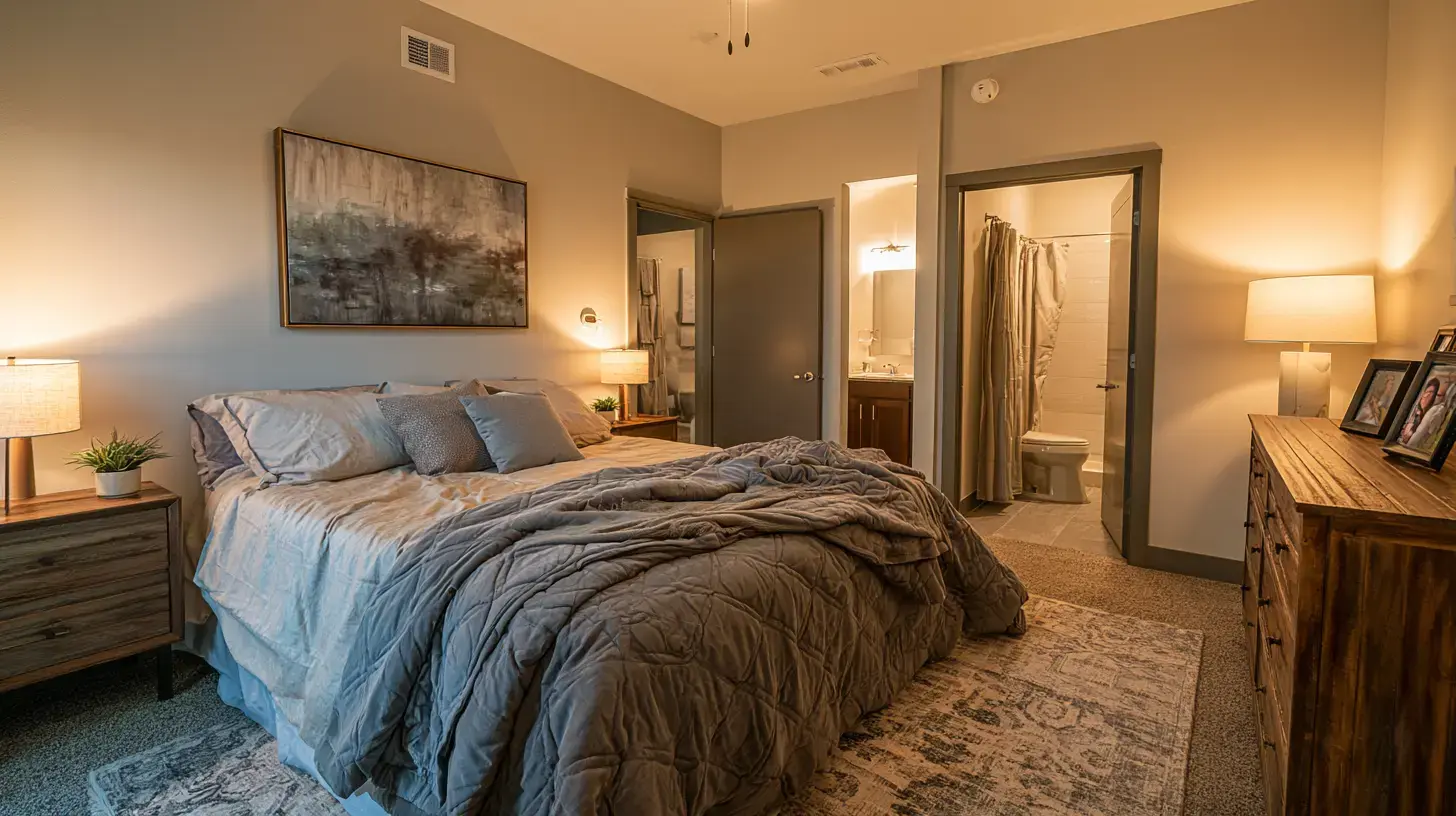Cozy bedroom with neatly arranged bedding bedside lamps wooden furniture and an attached bathroom with towels and essential fixtures
