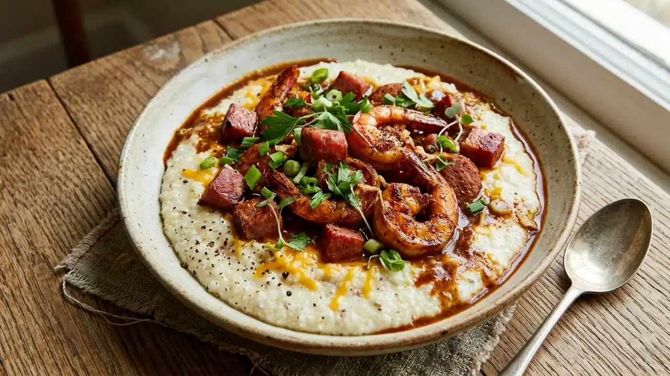 Shrimp and sausage over creamy cheesy grits, topped with scallions and herbs in a rustic bowl.