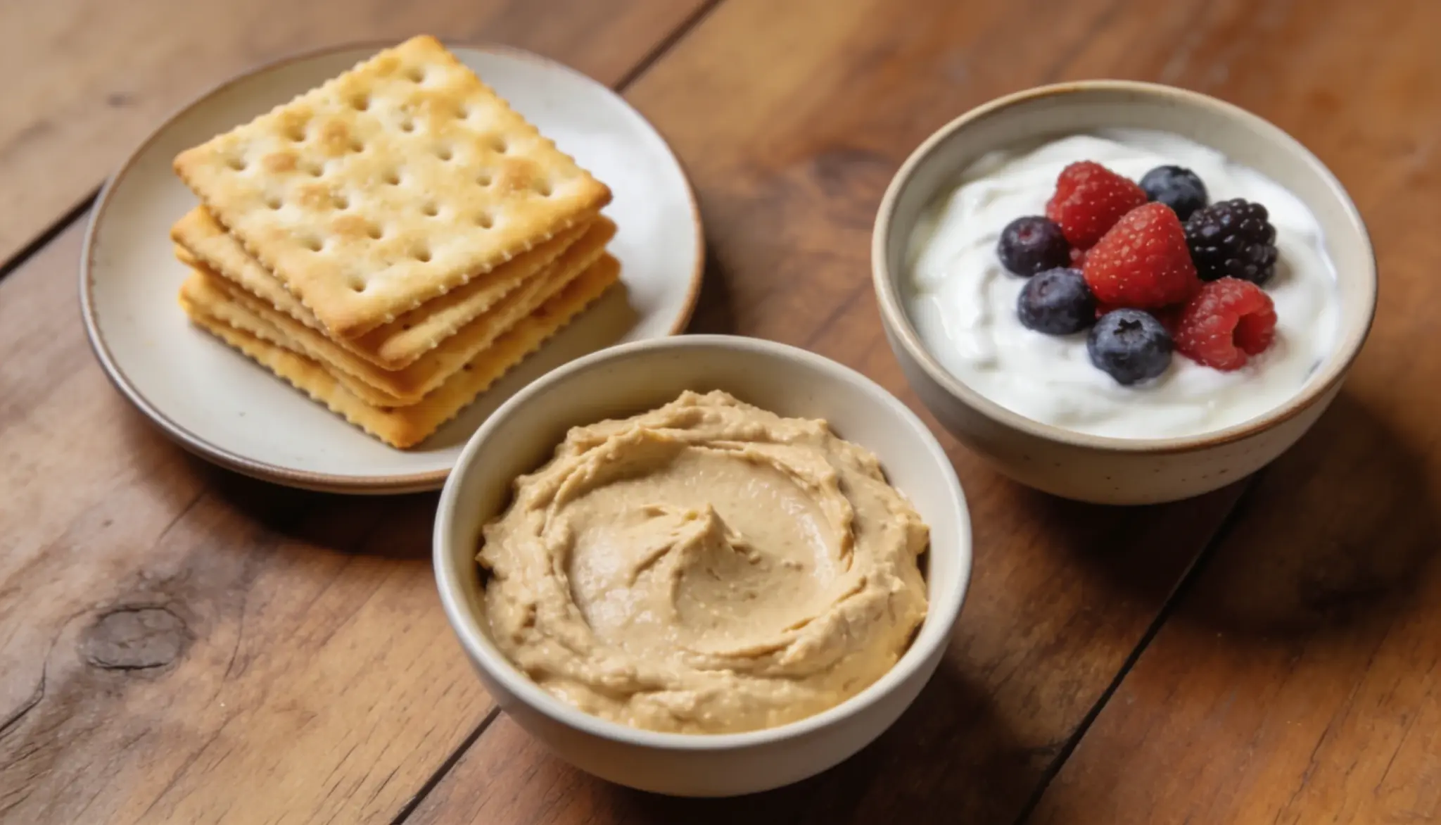 saltine crackers served with hummus and greek yogurt