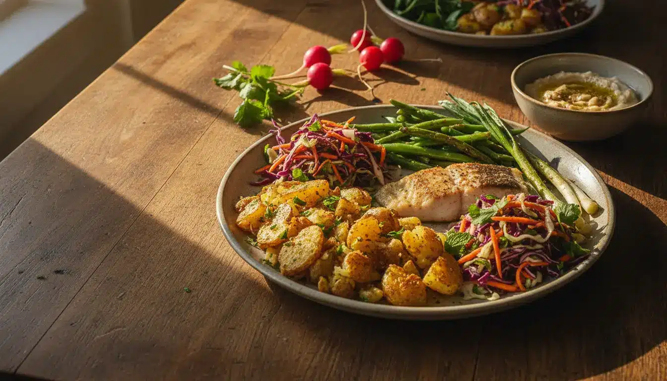 Grilled fish with roasted potatoes and vegetable slaw on a wooden table in natural light