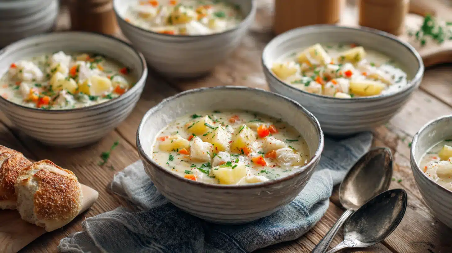 Bowls of creamy potato and fish chowder with herbs and carrots on top sit next to crusty bread rolls and spoons