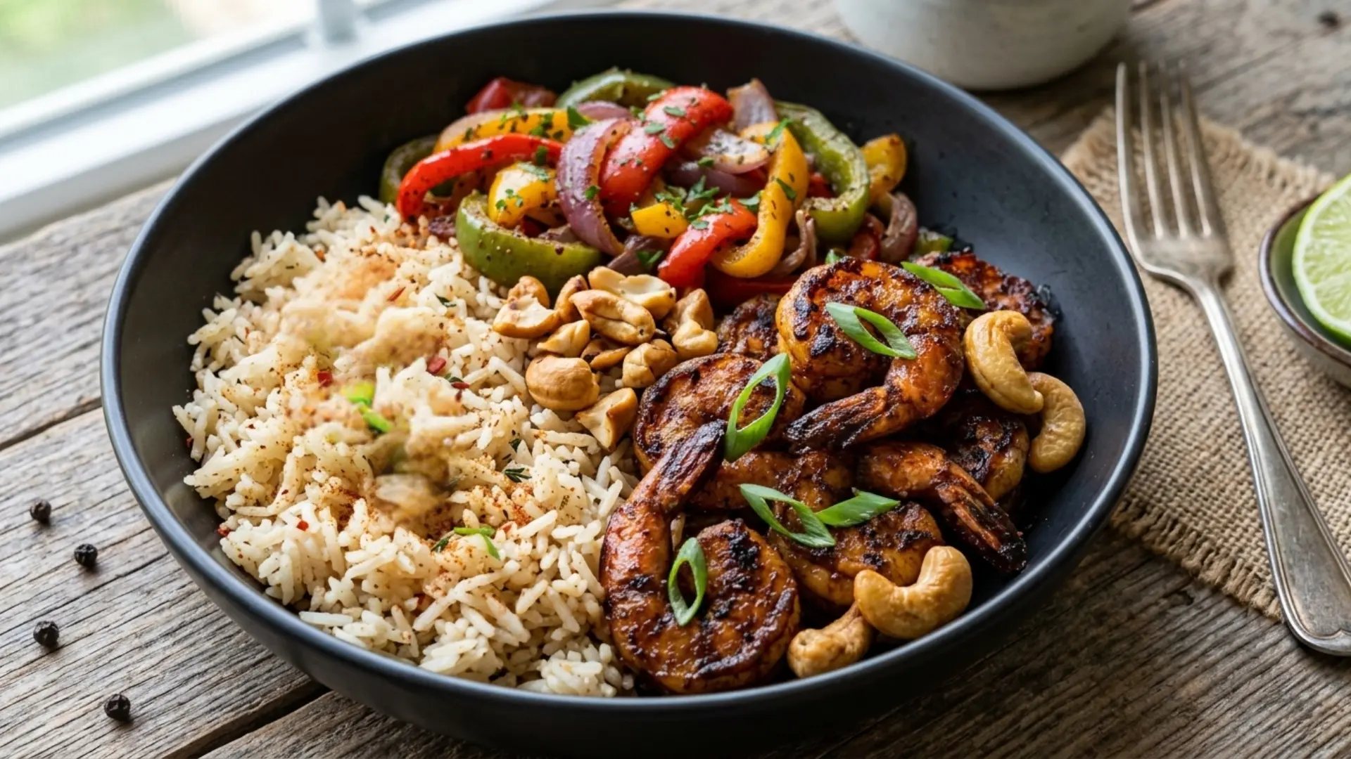 A black bowl filled with rice, grilled shrimp, sautéed bell peppers and onions, and cashews.