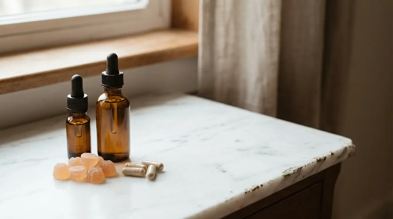 Amber glass dropper bottles with gummies and capsules on white marble countertop