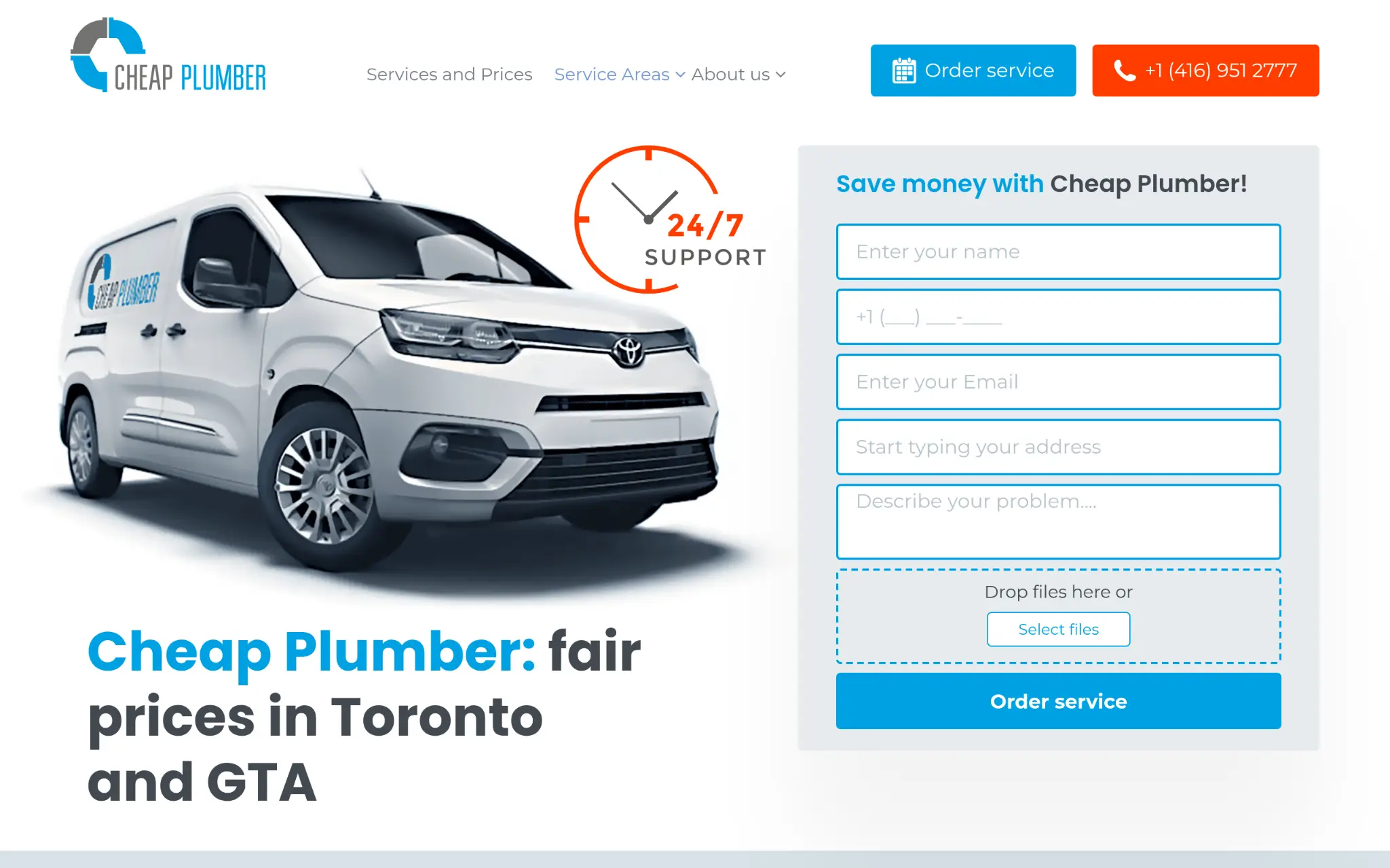 White plumber service van with logo parked beside service order form and contact information