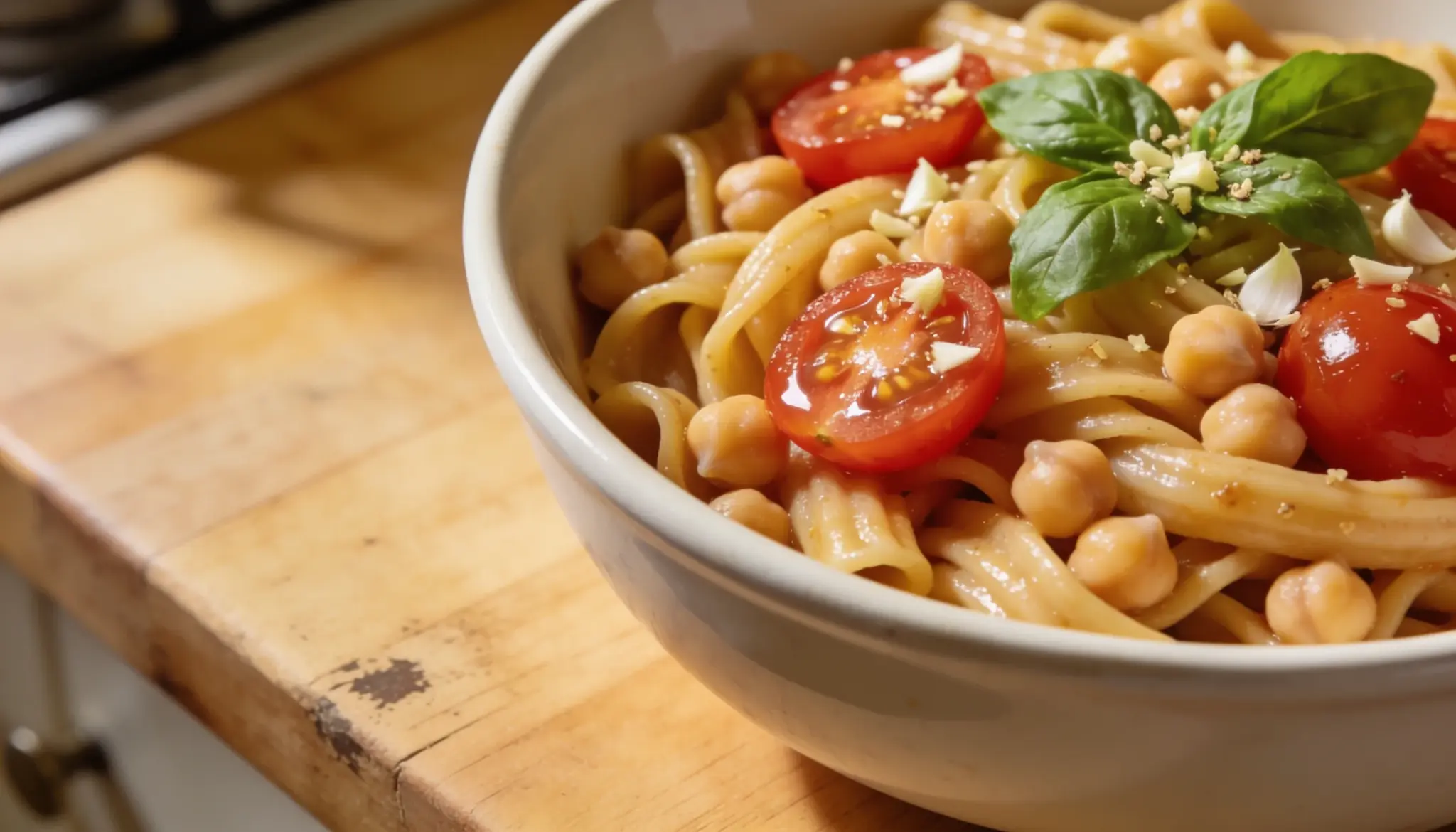 A close-up shot of pasta with chickpeas, cherry tomatoes, and basil in a white bowl on a wooden surface.
