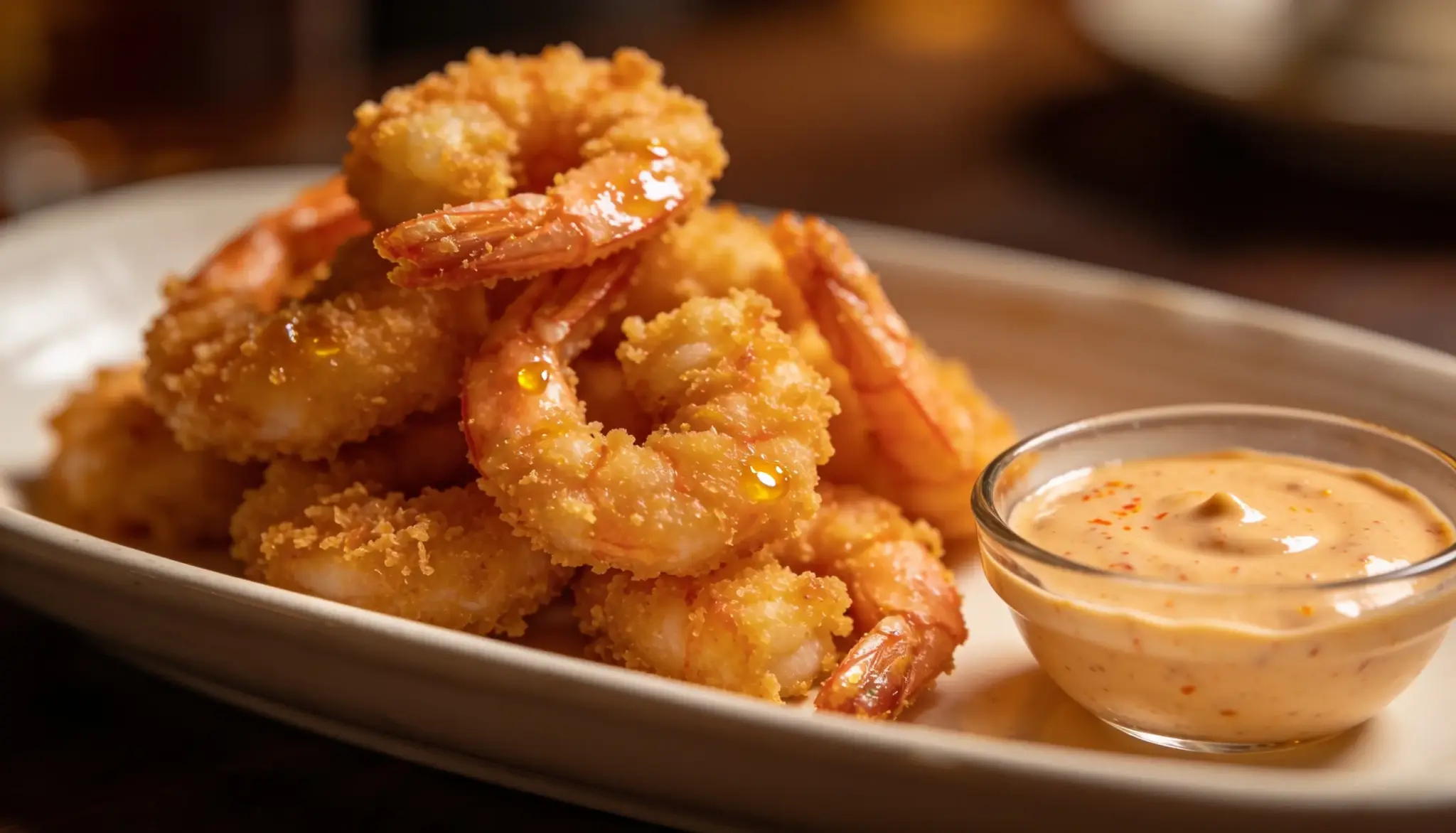 Crispy fried shrimp served on a platter with a side of dipping sauce.
