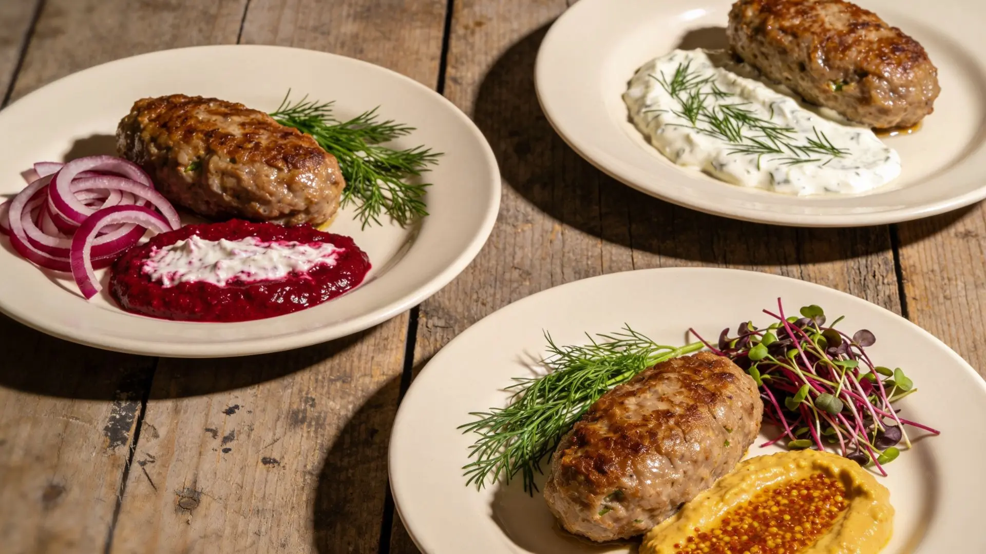 Three plates of seasoned meat patties with various accompaniments including red onion, beet relish, dill sauce, microgreens, and mustard on a wooden table.