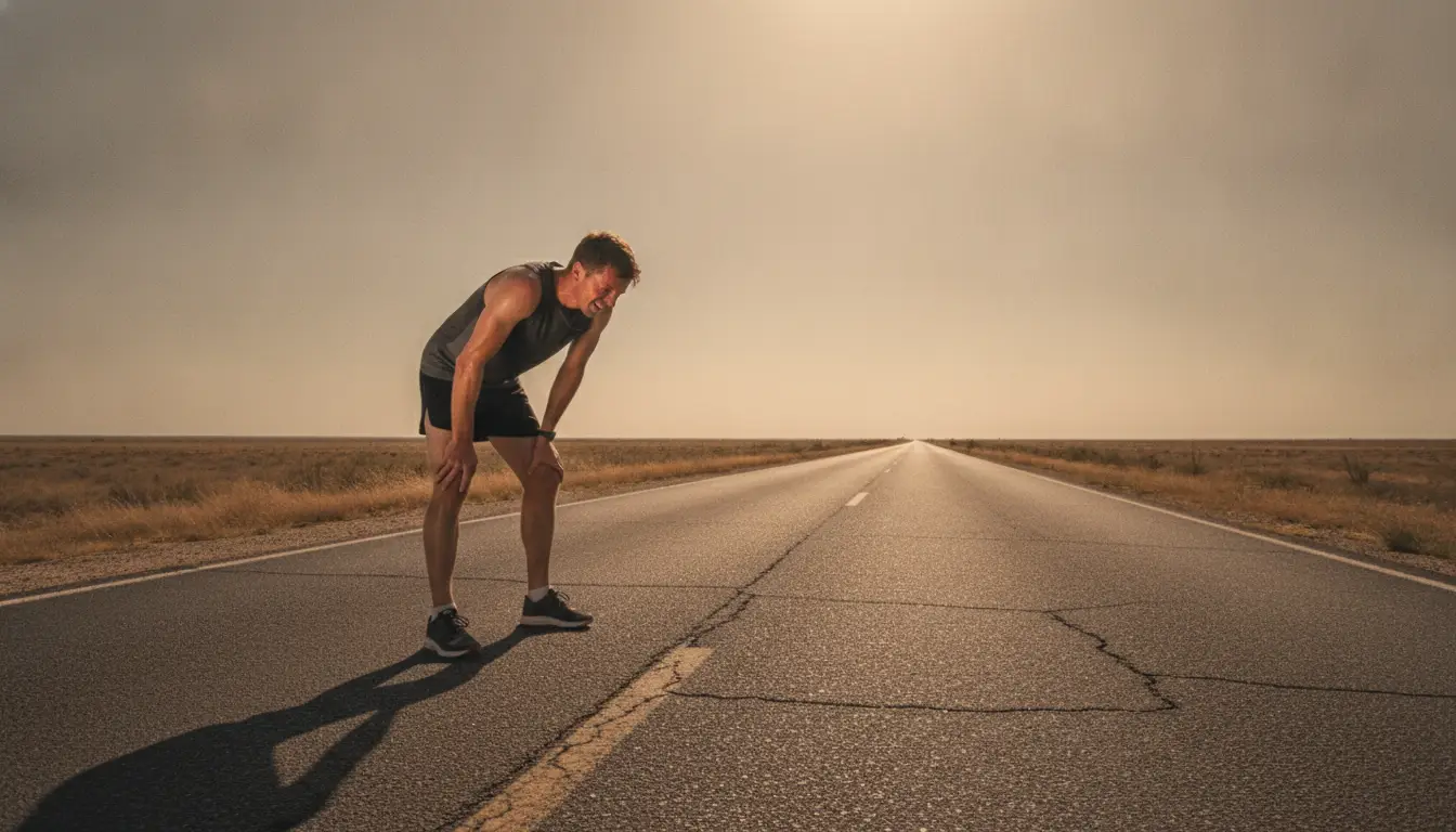 Runner resting on deserted highway under bright sunlight, wearing athletic gear