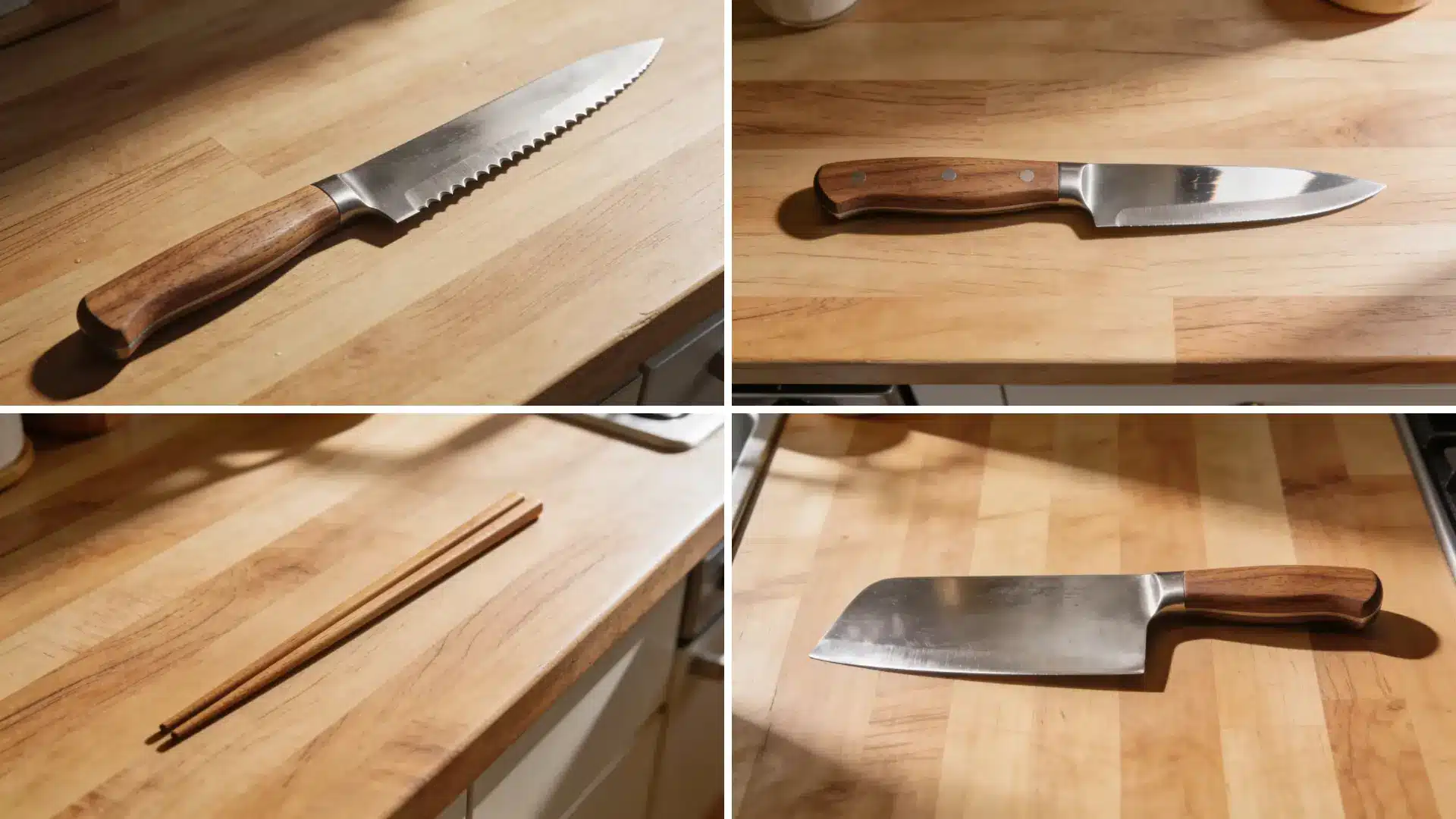 Four images showcasing a knives and a wooden chopsticks