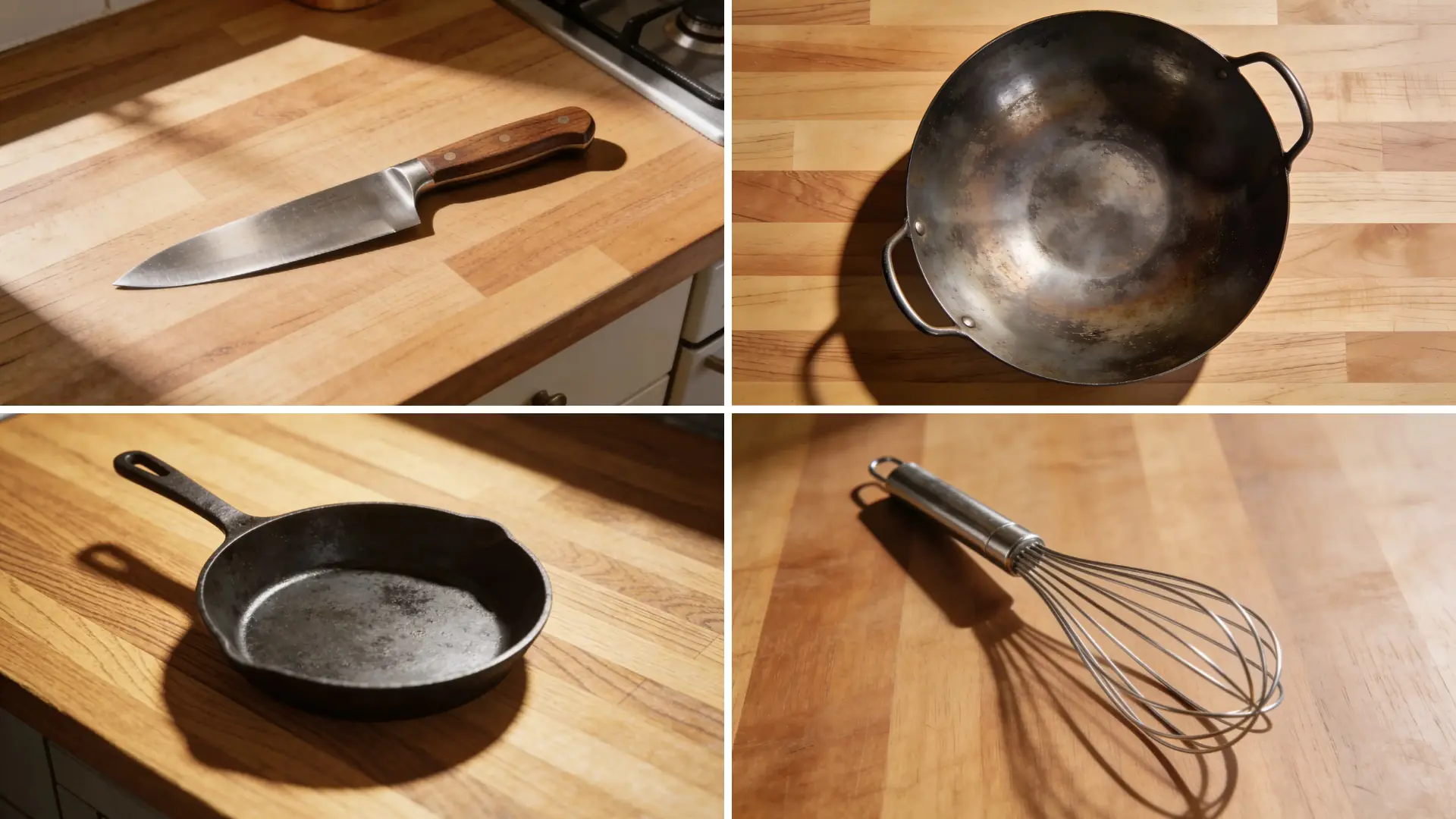 A collage of four kitchen images featuring a frying pan whisk and knife on various countertops