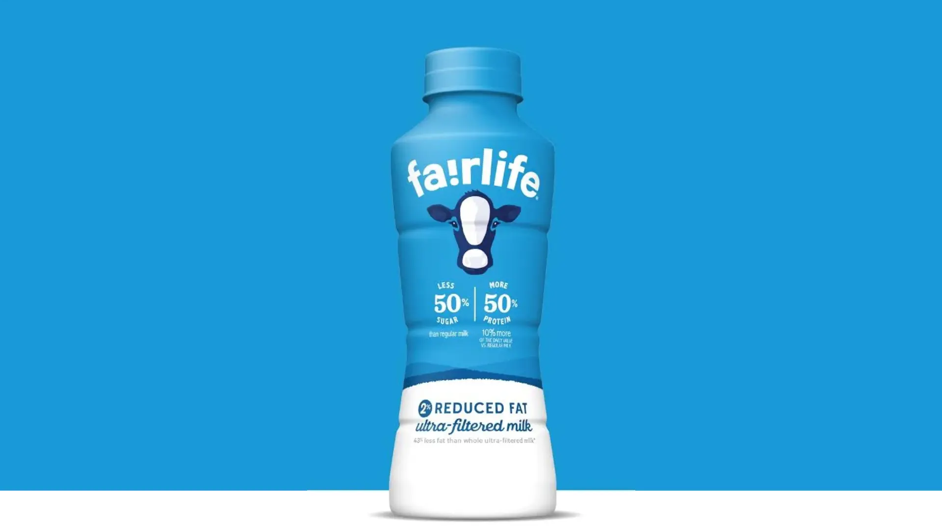Fairlife 2% reduced fat ultra filtered milk bottle with 50 percent less sugar and 50 percent more protein than regular milk