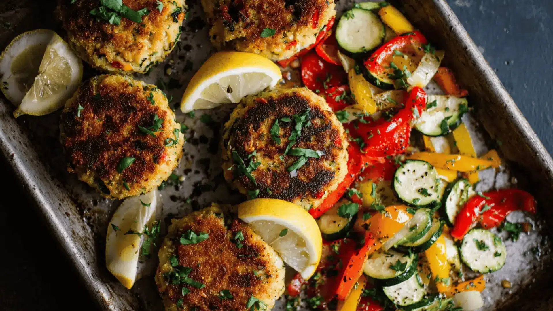 Four golden brown cod cakes garnished with parsley and lemon wedges served with roasted zucchini and bell peppers on a baking tray