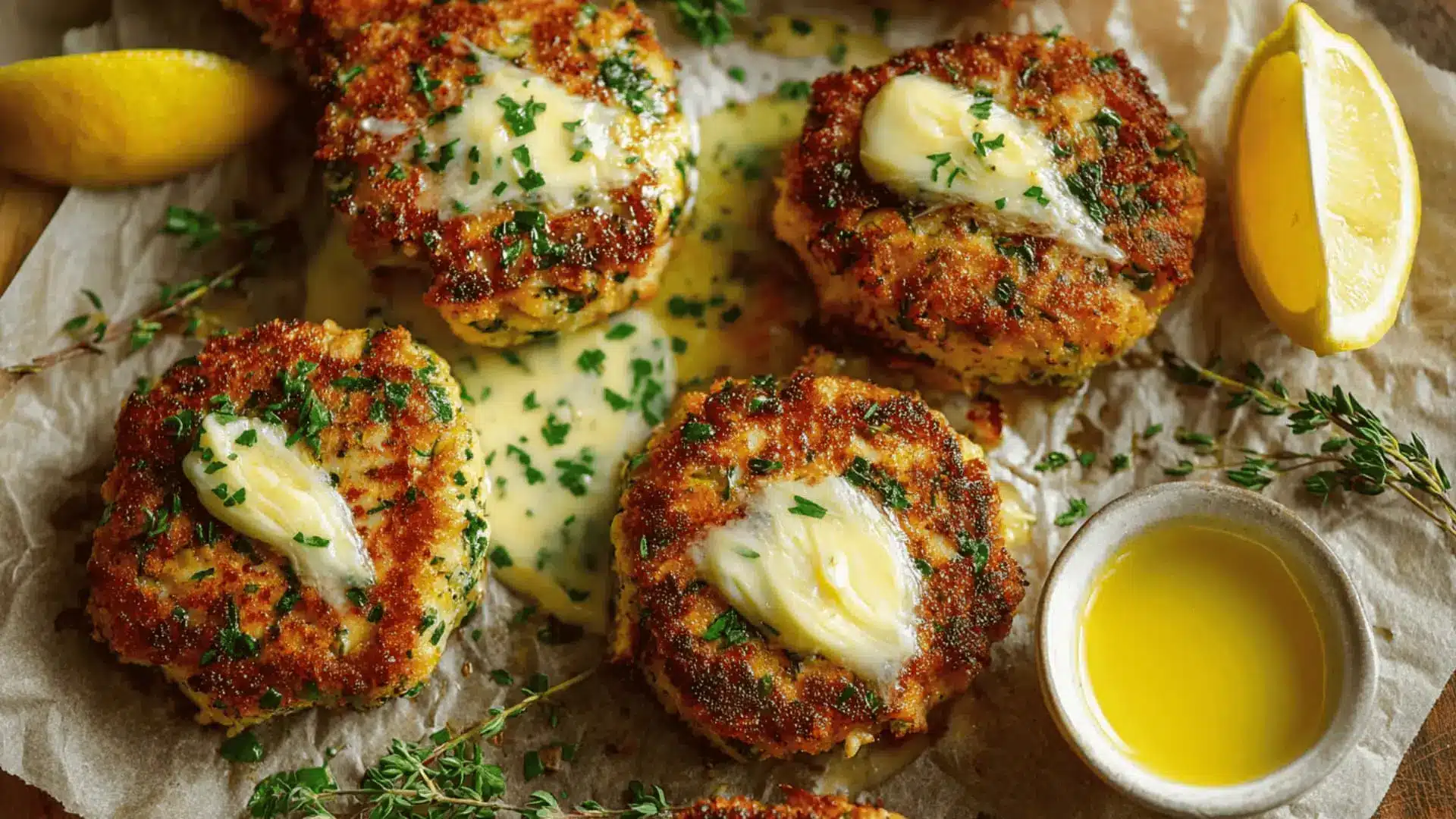 Four golden brown cod fish cakes topped with melted butter and parsley on parchment paper with lemon wedges butter and thyme