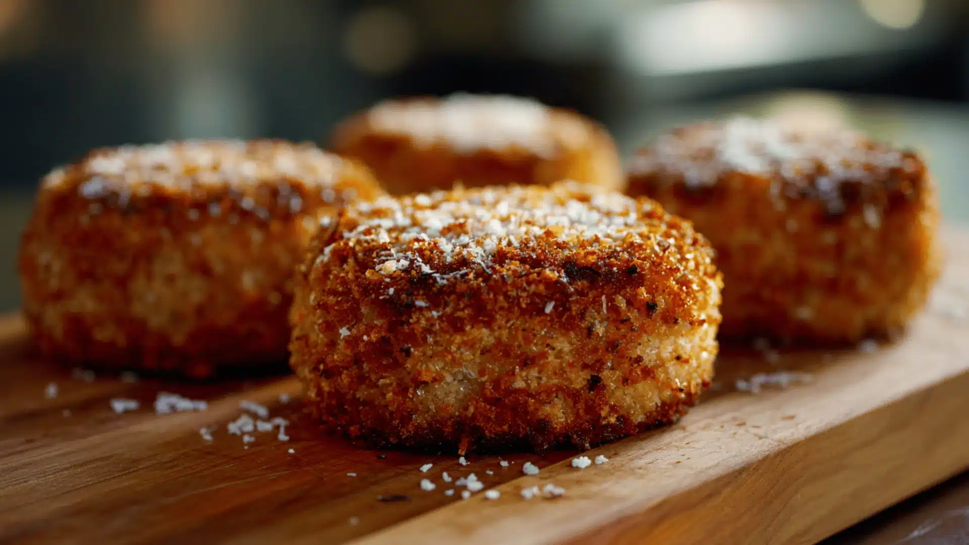 Four golden brown crispy fried cod fish cakes are displayed on a rustic wooden cutting board, topped with grated white cheese