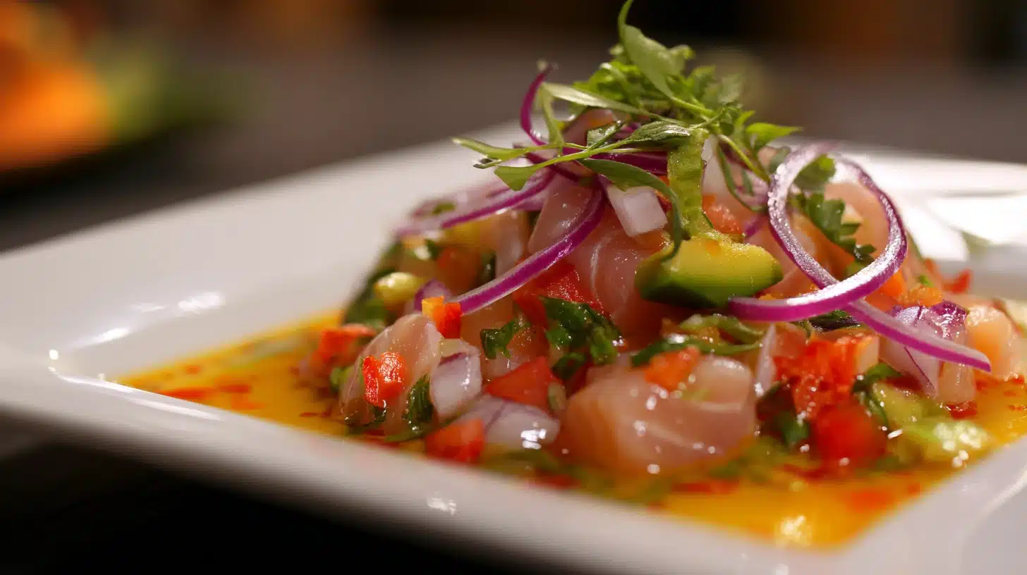 Fresh ceviche recipe Mexican style with cubed fish red onion rings avocado and herbs served on a white rectangular plate