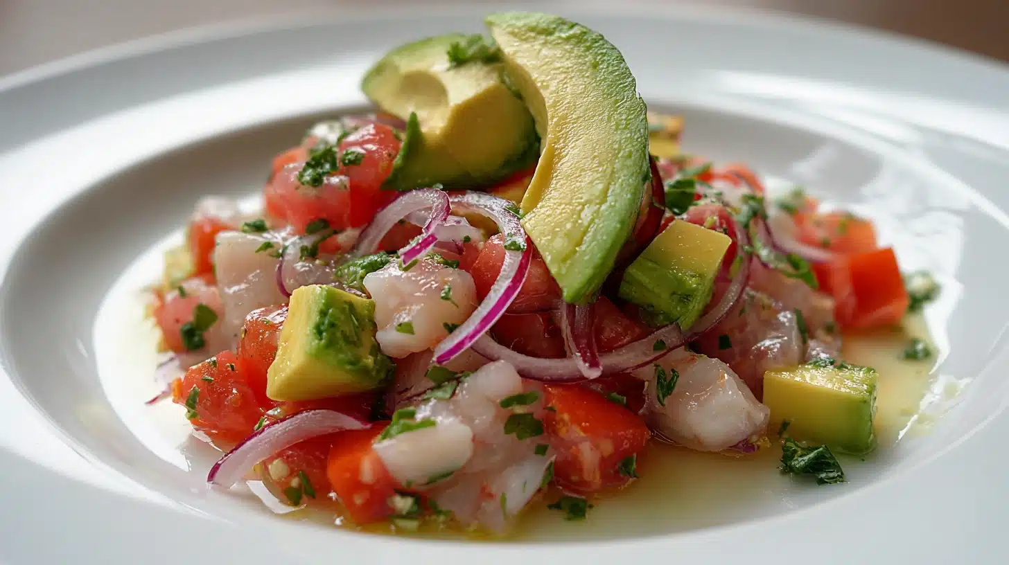 Fresh ceviche topped with diced red tomato red onion slices cubed avocado and chopped cilantro served in a shallow white bowl