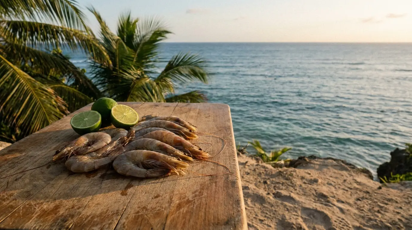 Shrimp and lime slices on wooden board by the ocean at sunset