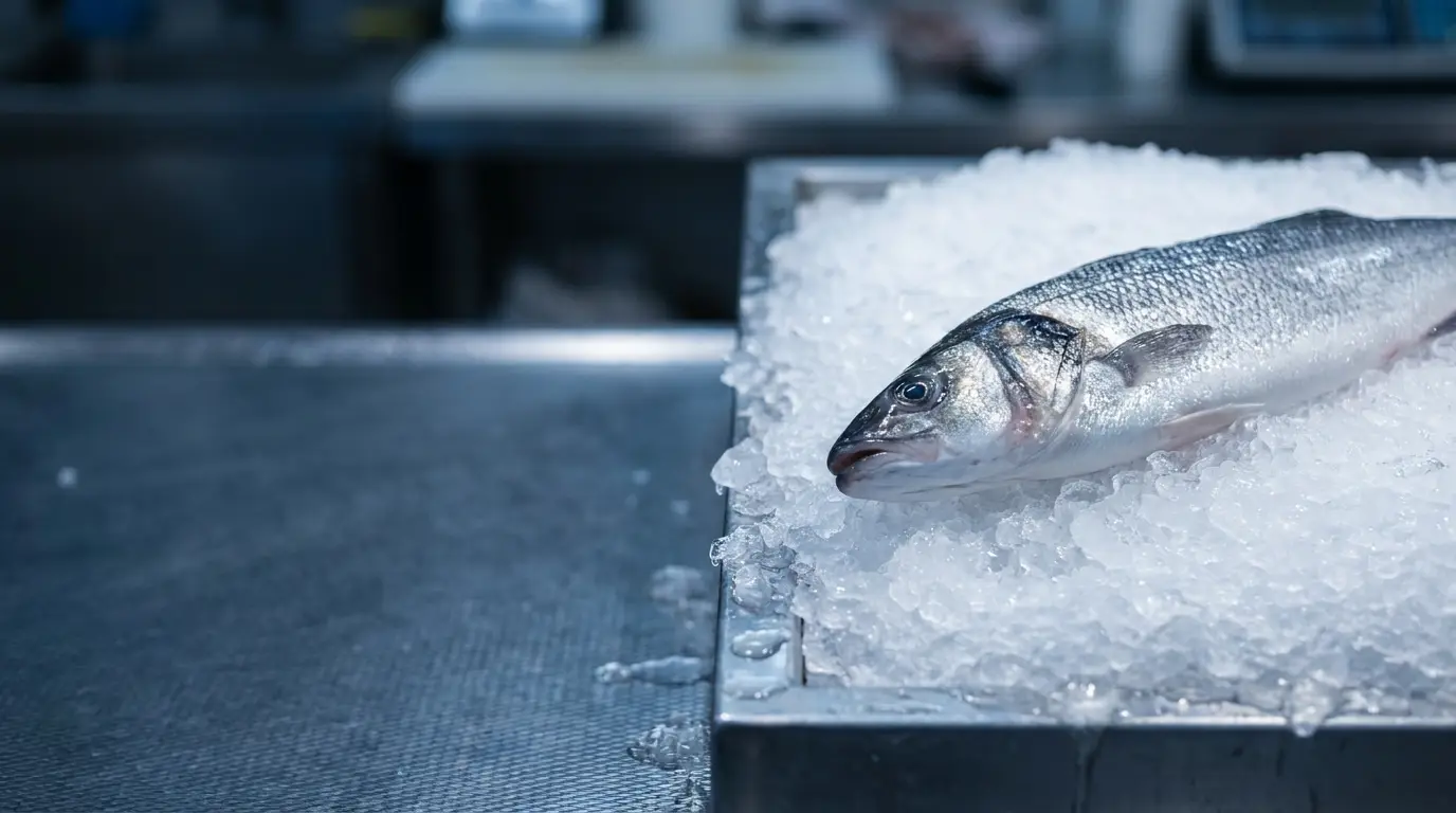 Fresh raw fish resting on ice in a commercial kitchen setting