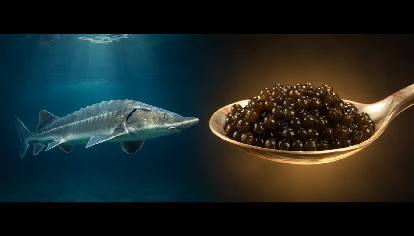 Sturgeon fish underwater beside a spoonful of black caviar in warm lighting