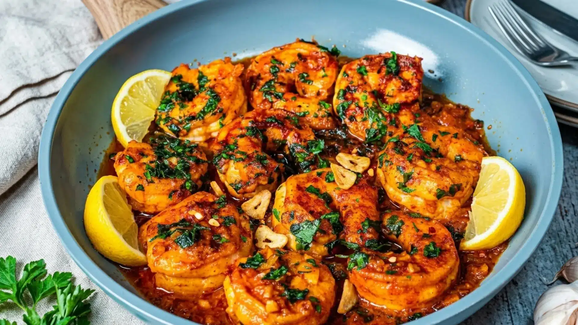 A blue bowl filled with spicy garlic shrimp garnished with lemon slices and fresh parsley.