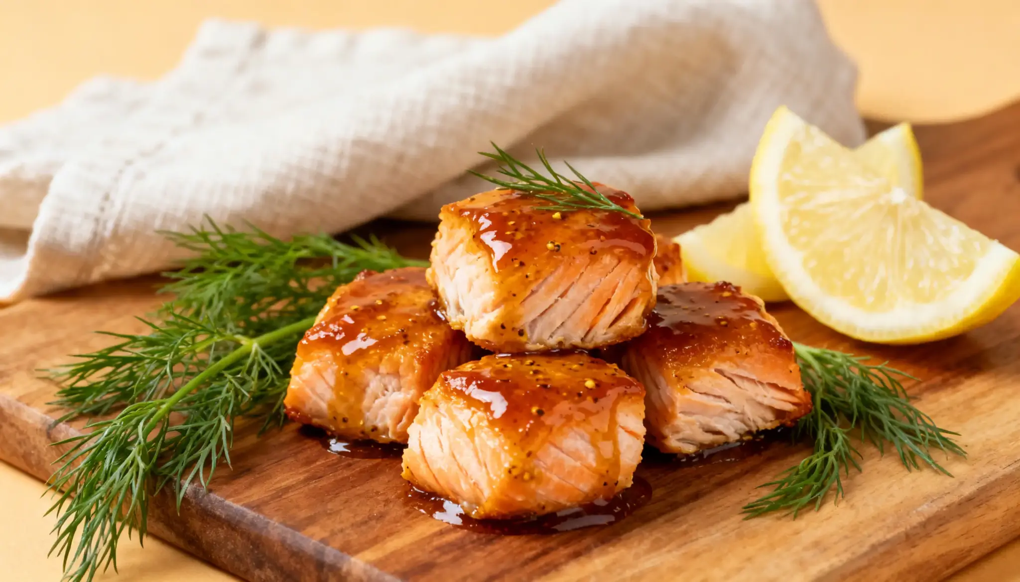 Glazed Maple Dijon Salmon Bites on a wooden board with fresh dill and lemon wedges. Simple, savory, and ready to serve