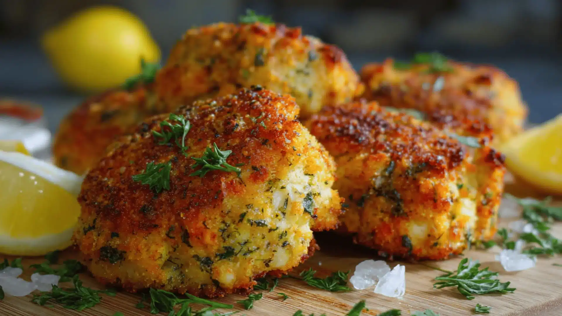 Golden brown cod cakes garnished with fresh parsley served on a wooden board with lemon wedges and coarse sea salt