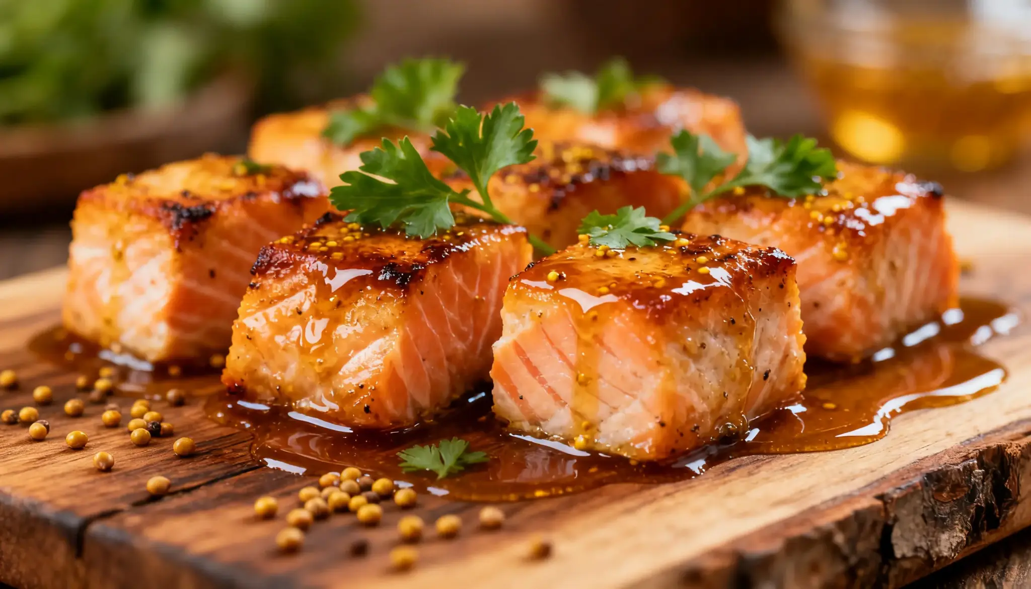 Golden, glazed Maple Dijon Salmon Bites on a wood board, garnished with fresh parsley and drizzled with sauce