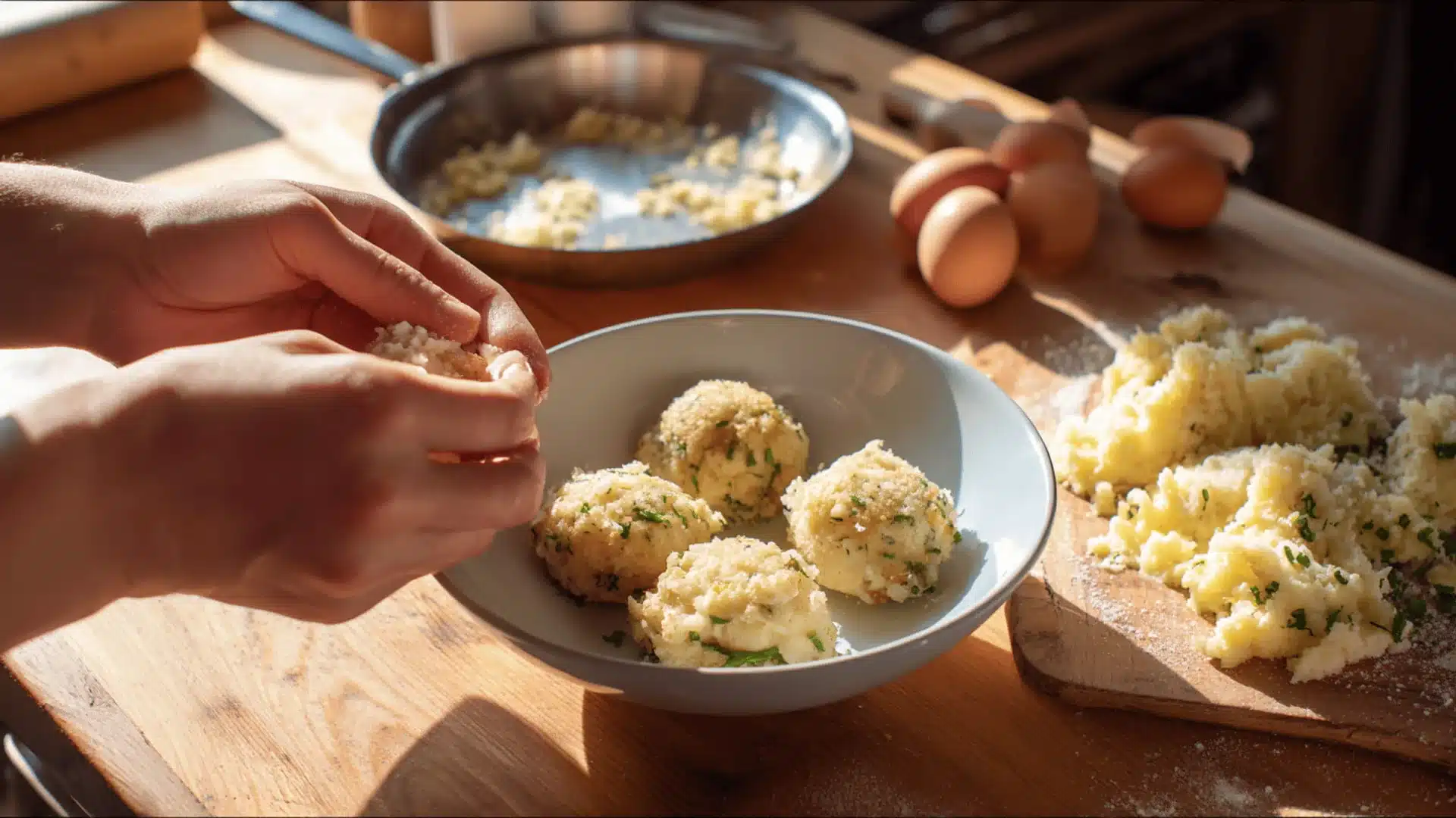 Hands rolling cod flake and potato mixture into cod fish cakes on a wooden surface next to eggs and a frying pan