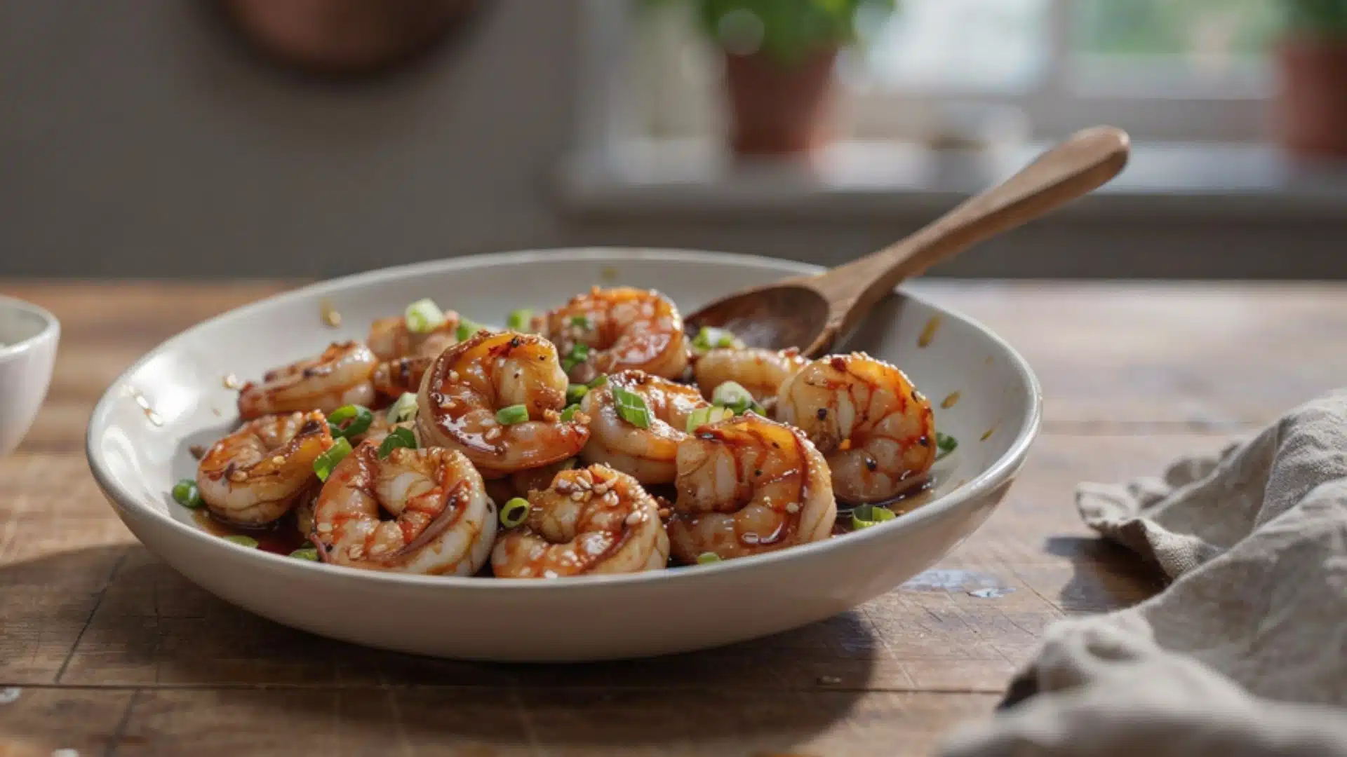 A bowl filled with shrimp and a spoon on top, set against a wooden table background.