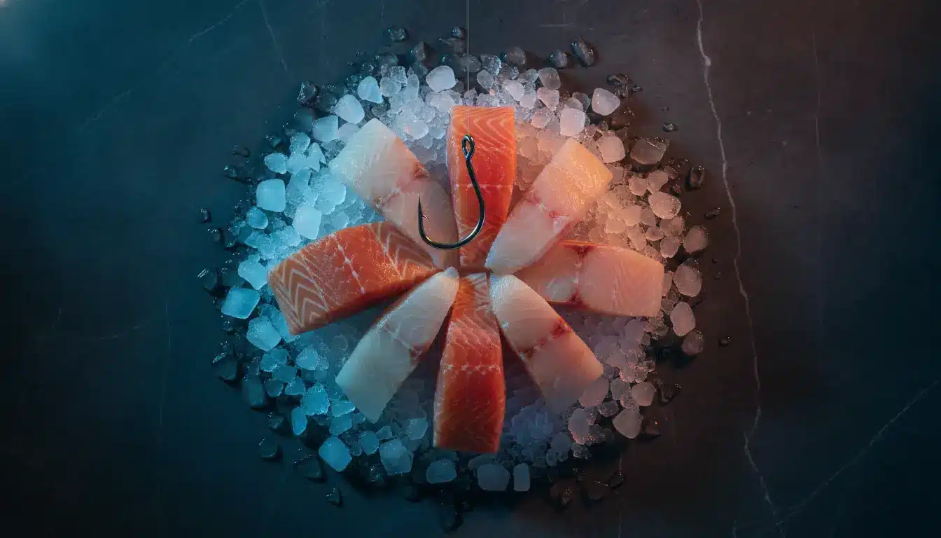 Salmon fillets arranged in radial pattern on ice with fishhook at center