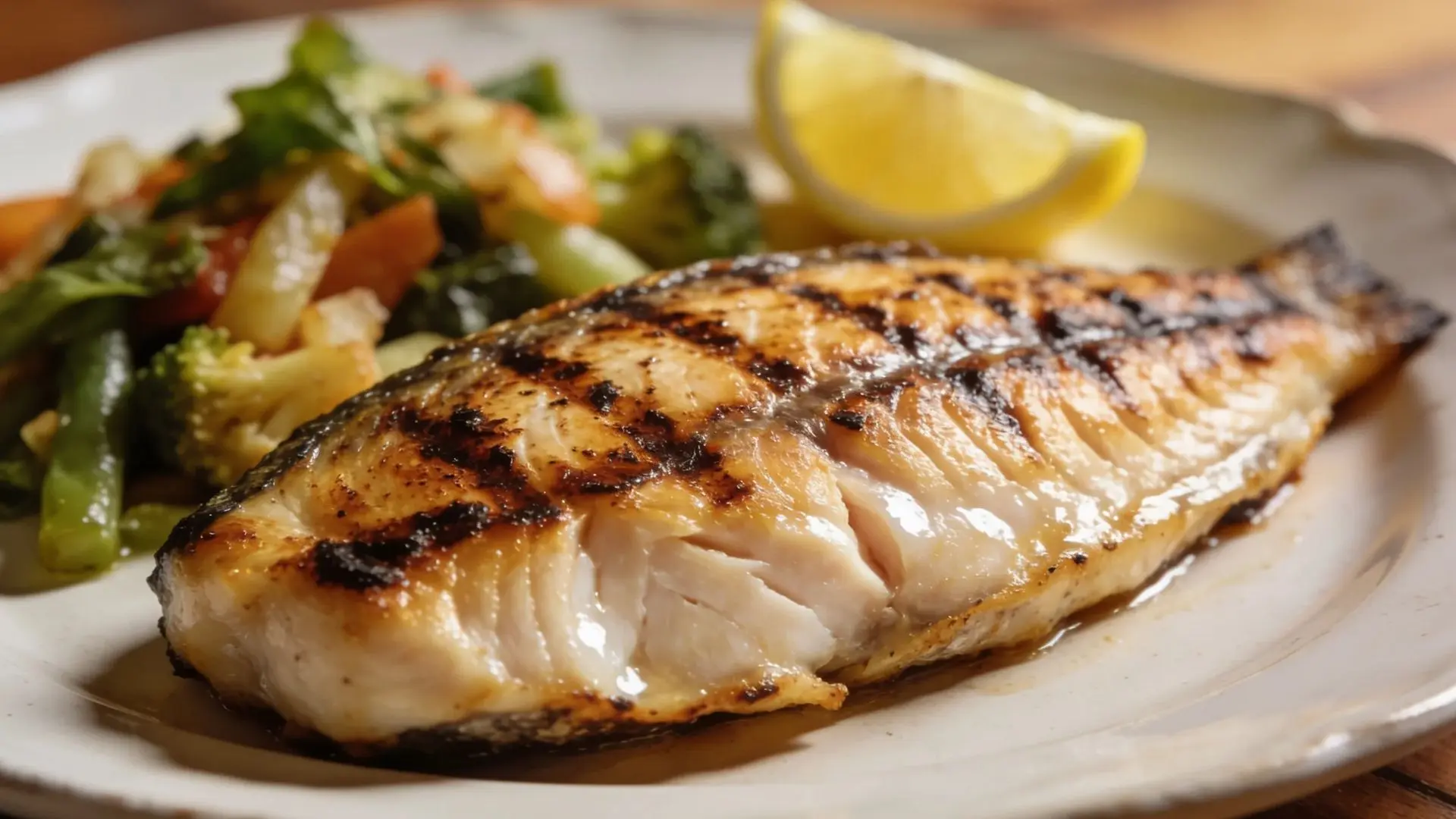 Grilled mahi mahi with charred lines, garnished with a lemon wedge is served alongside sautéed vegetables.