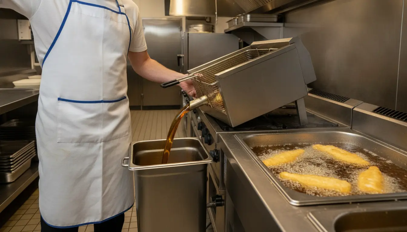 Chef draining deep fryer oil into stainless steel container in commercial kitchen