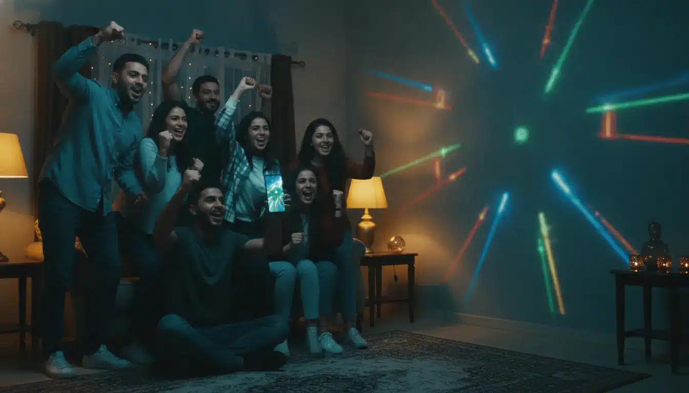 Group of friends cheering in living room with colorful lights reflecting on wall
