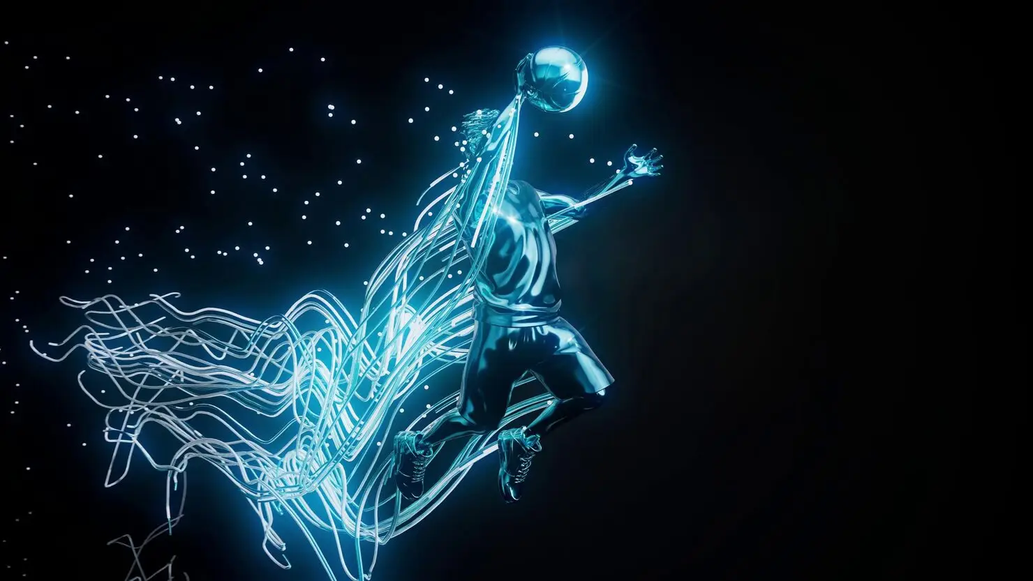Futuristic glowing figure dunking basketball with streaks of light in dark space background
