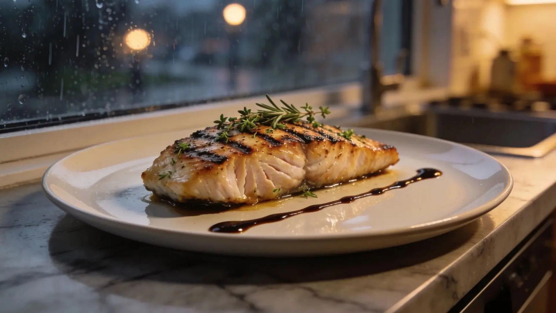 Grilled mahi mahi with rosemary garnishes drizzled with balsamic glaze.