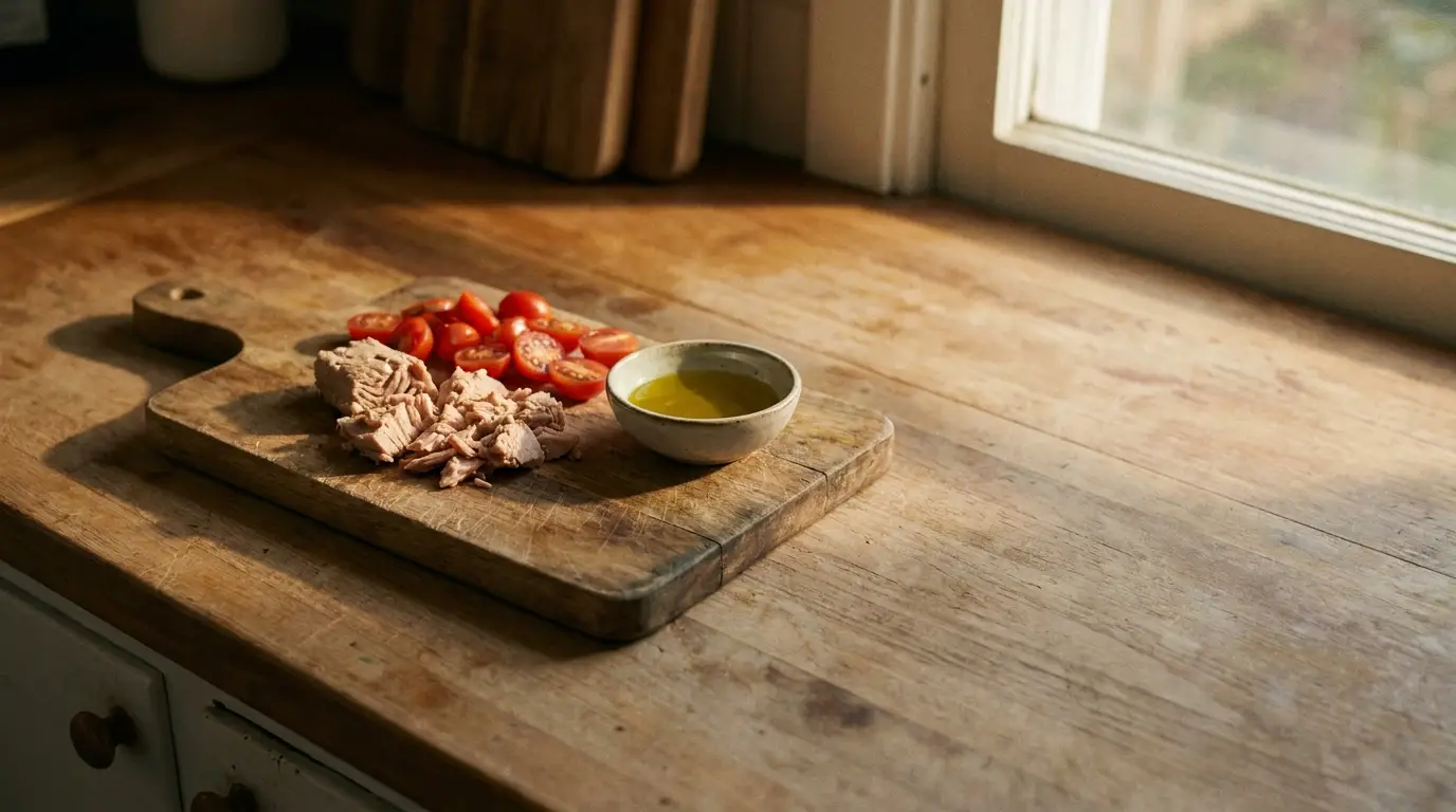 Chopped tomatoes and tuna on wooden cutting board with a bowl of olive oil in sunlight