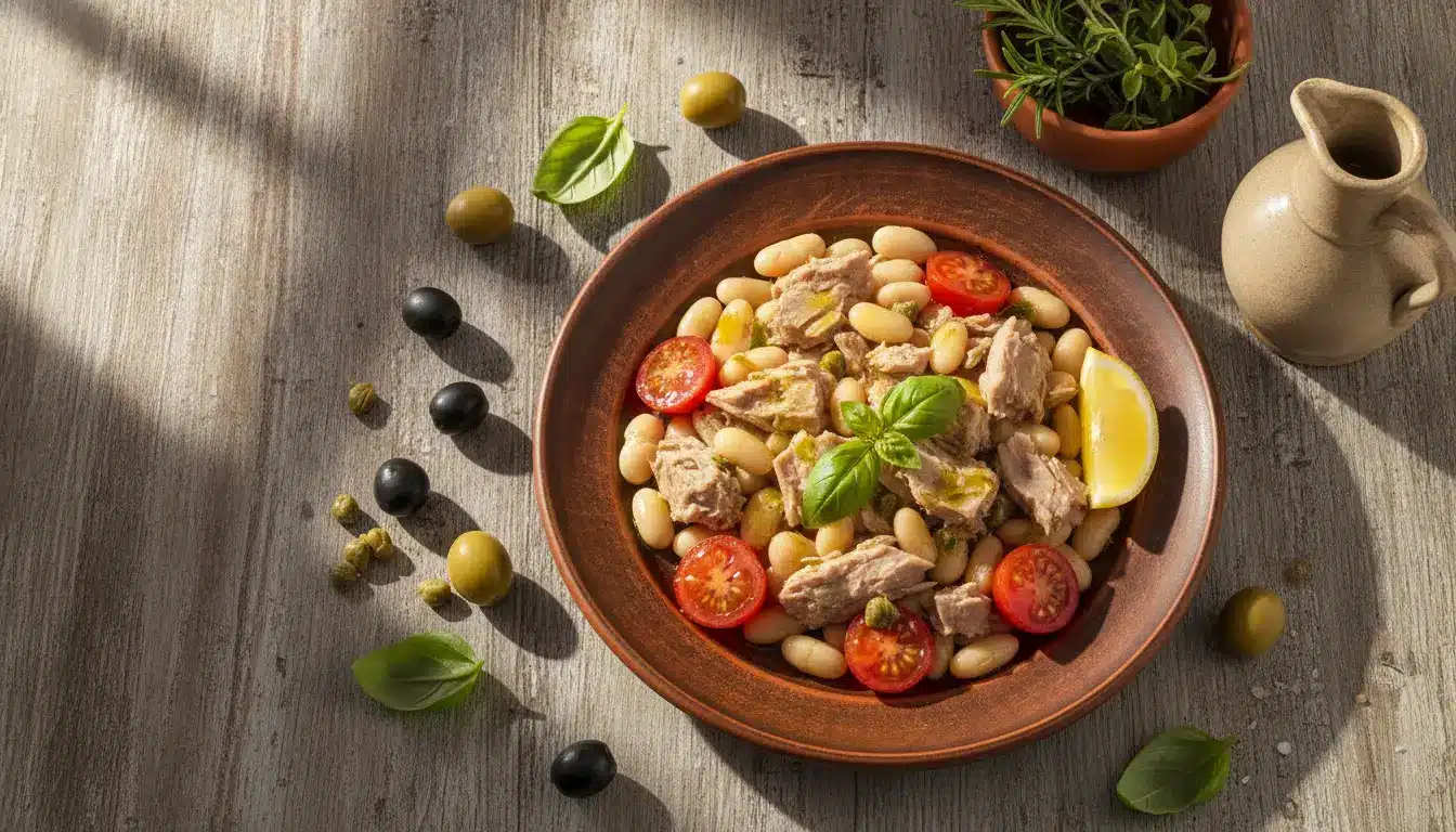 Tuna and white bean salad with cherry tomatoes and basil on wooden table