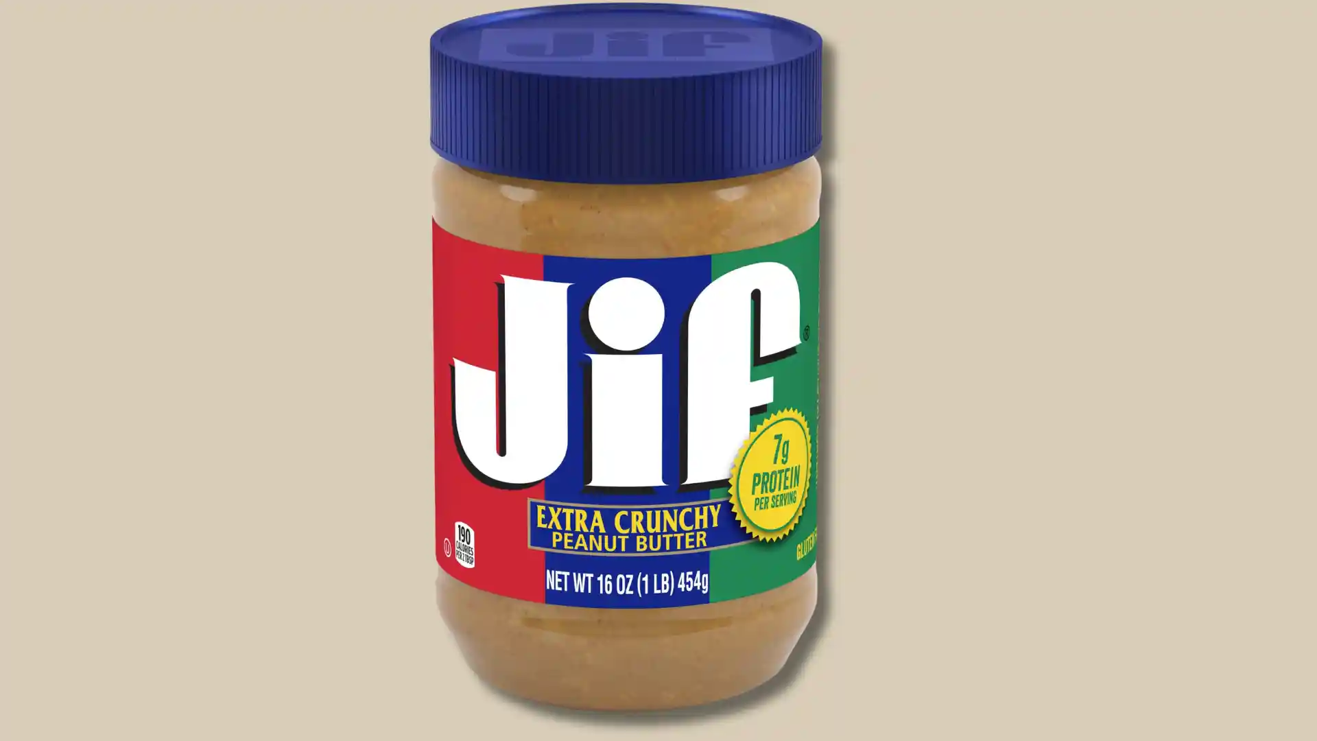 Jif Extra Crunchy Peanut Butter jar with a blue lid, featuring the Jif logo and nutritional information.