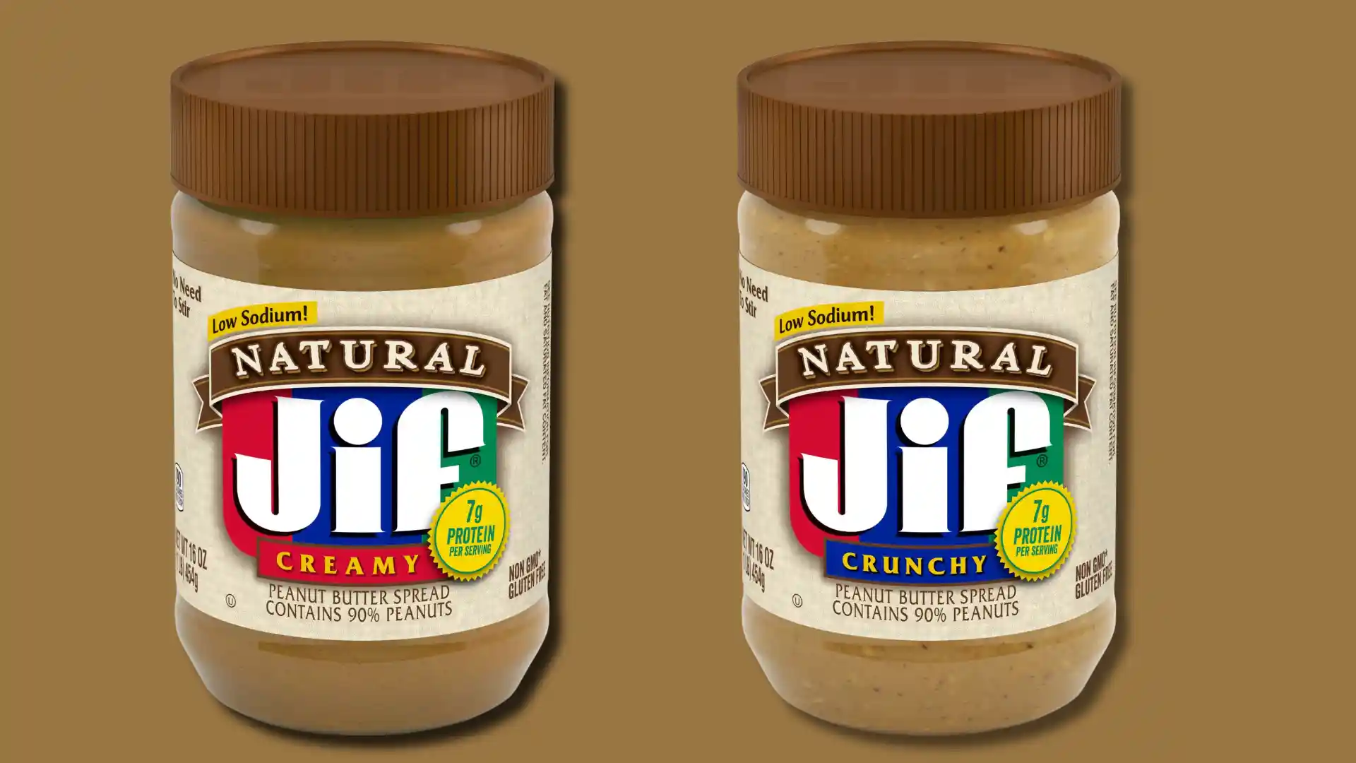 Two jars of Jif Natural peanut butter, one creamy and one crunchy, displayed side-by-side.