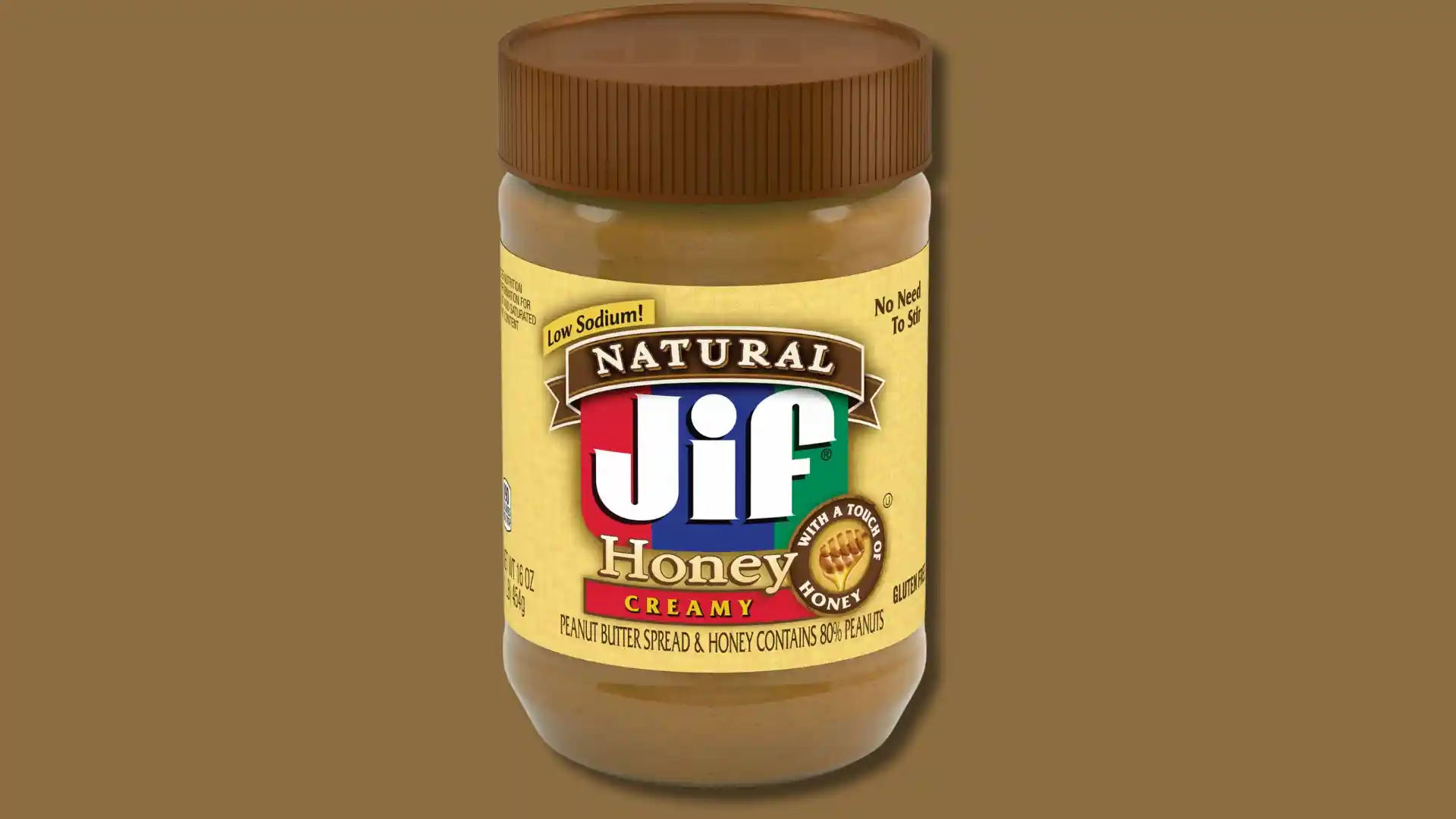 Jif Natural Honey Creamy Peanut Butter Spread with 80% peanuts and a touch of honey.