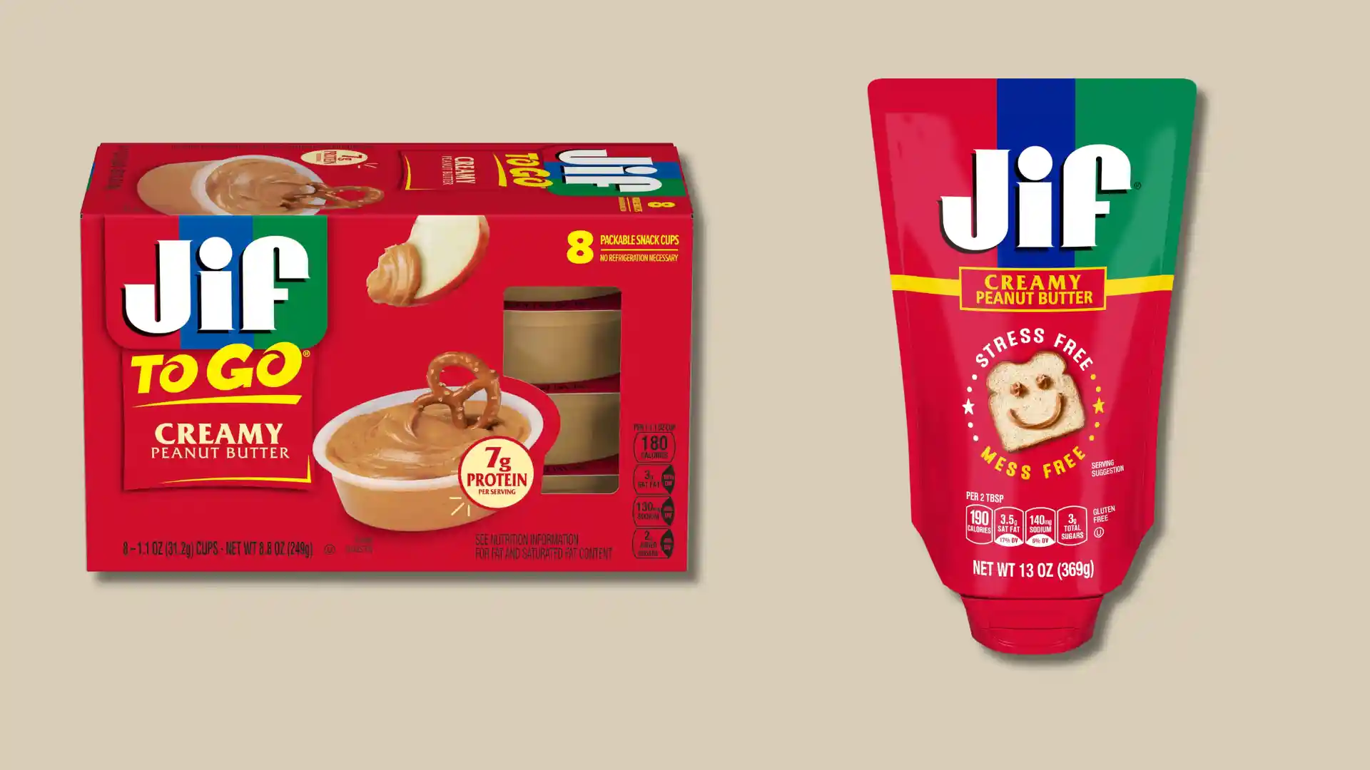 Jif creamy peanut butter is shown in a red box of eight individual snack cups and a red squeeze bottle.