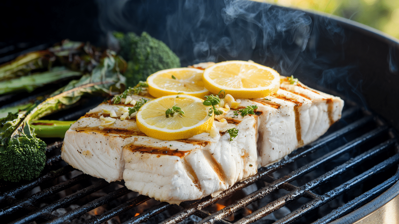 lemon-garlic-grilled-halibut-with-charred-greens