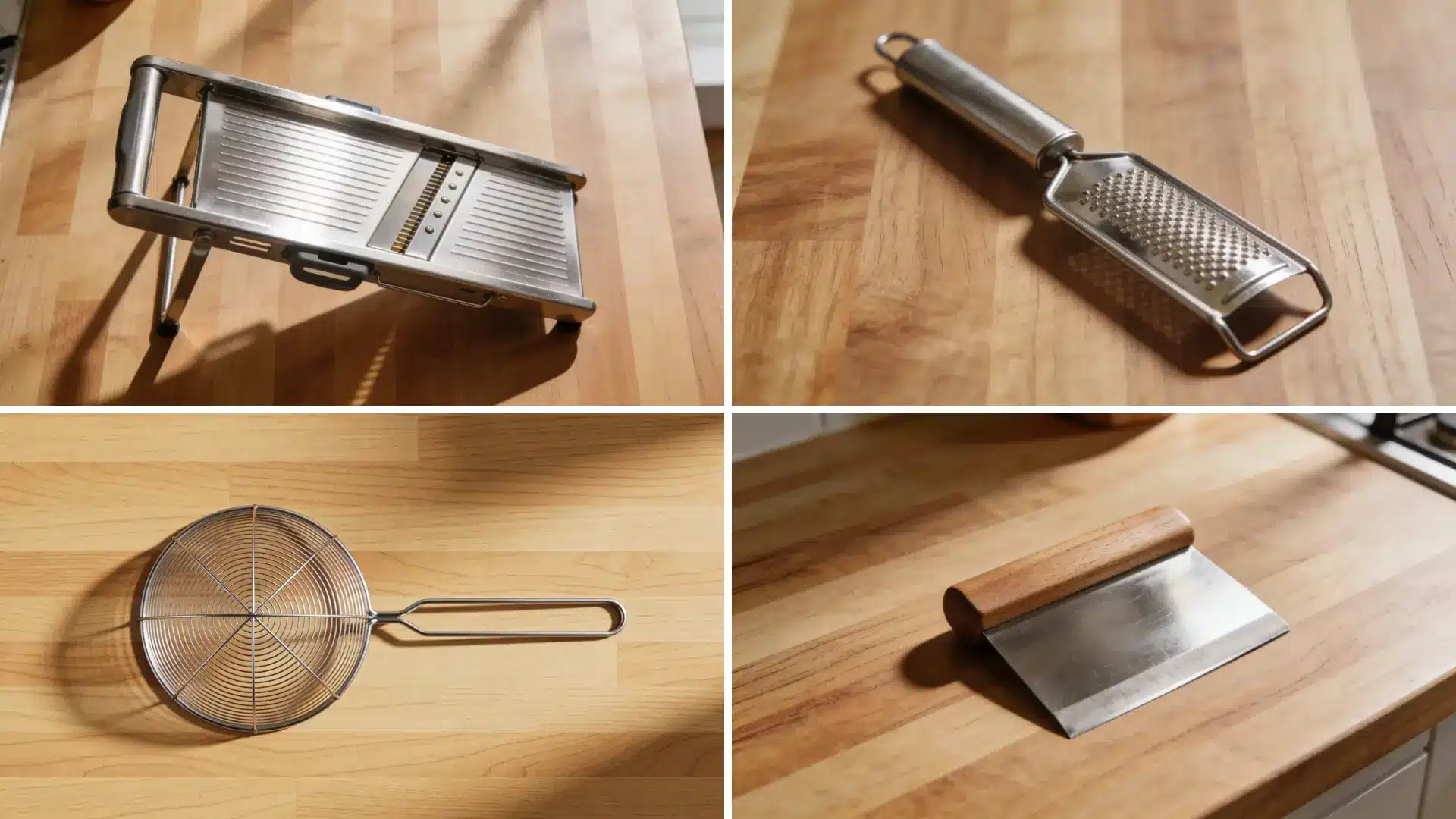 Assorted kitchen tools displayed featuring whisks cutting boards, and mixing bowls on a wooden surface