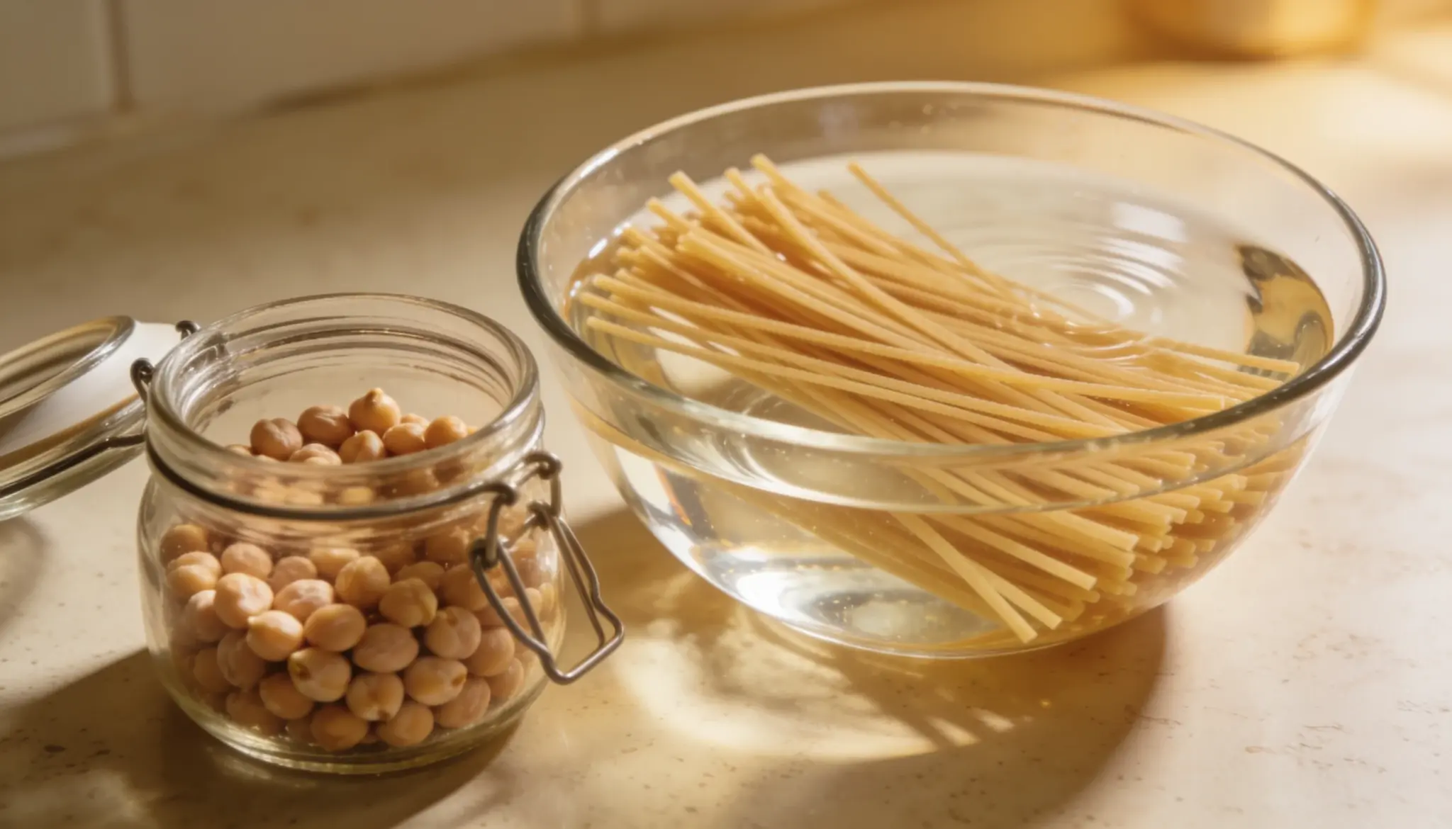 A jar of chickpeas sits next to a glass bowl filled with uncooked spaghetti submerged in water.