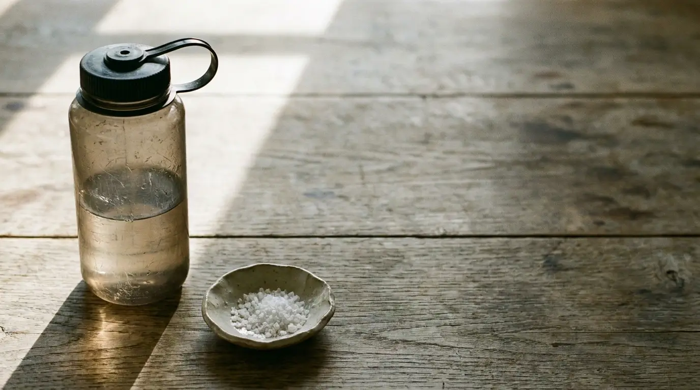 Plastic water bottle and small bowl of salt on rustic wooden table