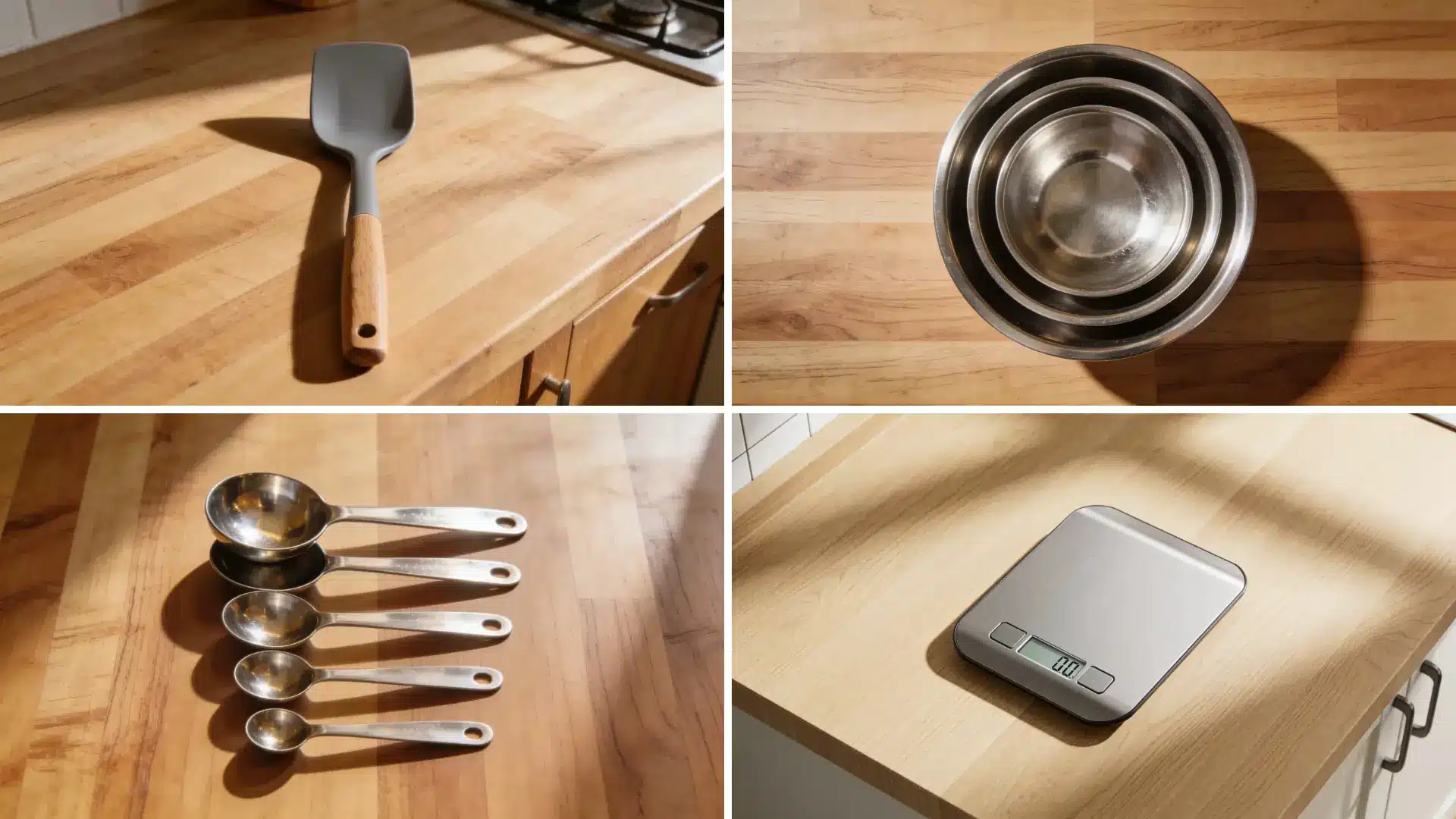 A well organized kitchen scene displaying a scale measuring spoons and a measuring cup for precise ingredient measurement