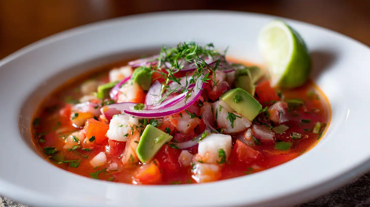 Mexican ceviche in a red broth topped with avocado red onion, cilantro and a lime wedge served in a white bowl