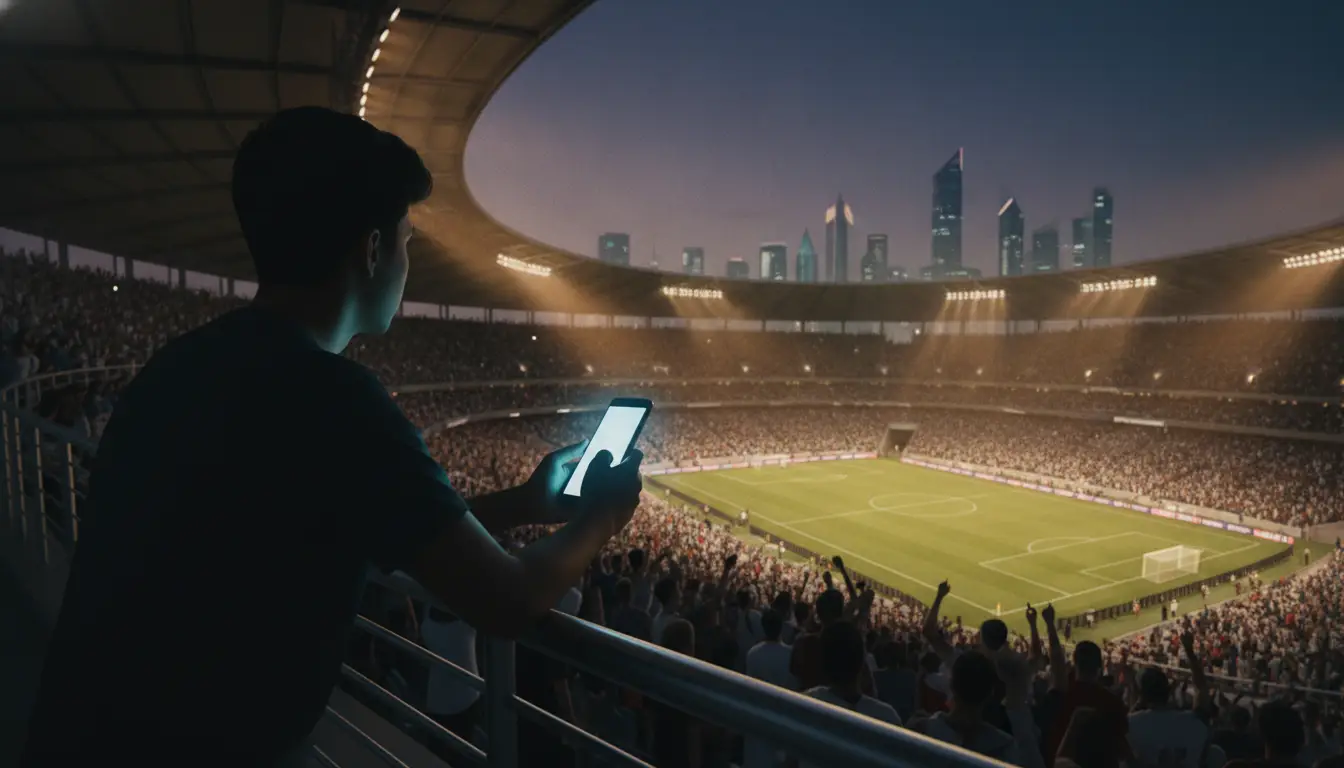 Stadium crowd watching illuminated soccer match, person using smartphone in foreground