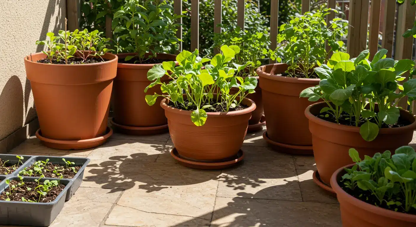 Outdoor patio featuring various lush vegetable plants and herbs growing in rustic terracotta and ceramic pots