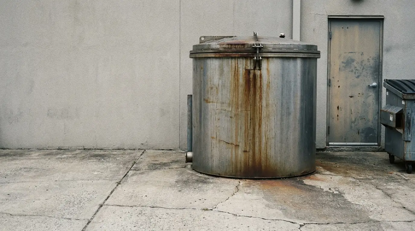 Large rusty metal tank and industrial dumpster in a concrete alleyway